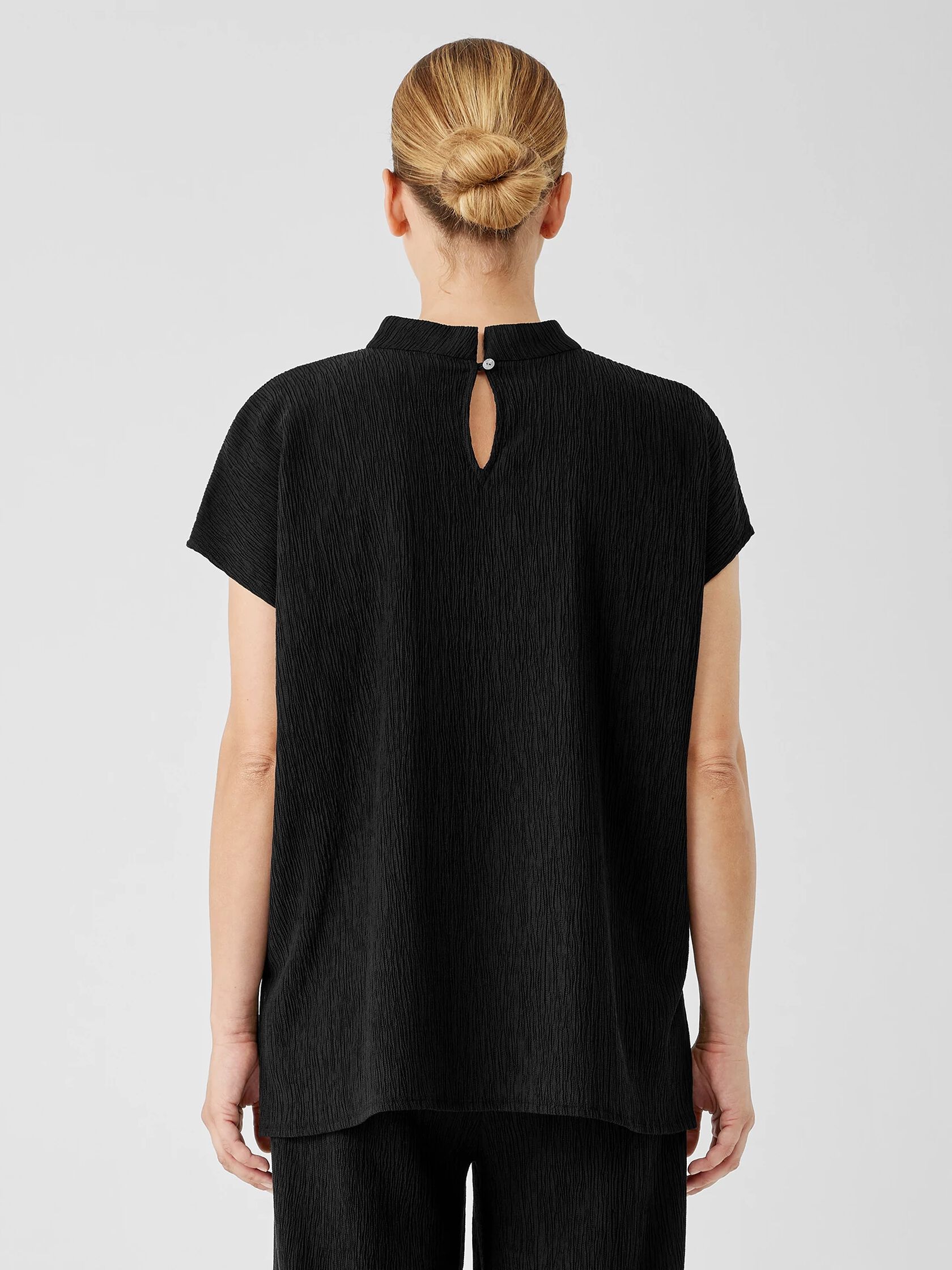 Woven Plisse Mock Neck Top