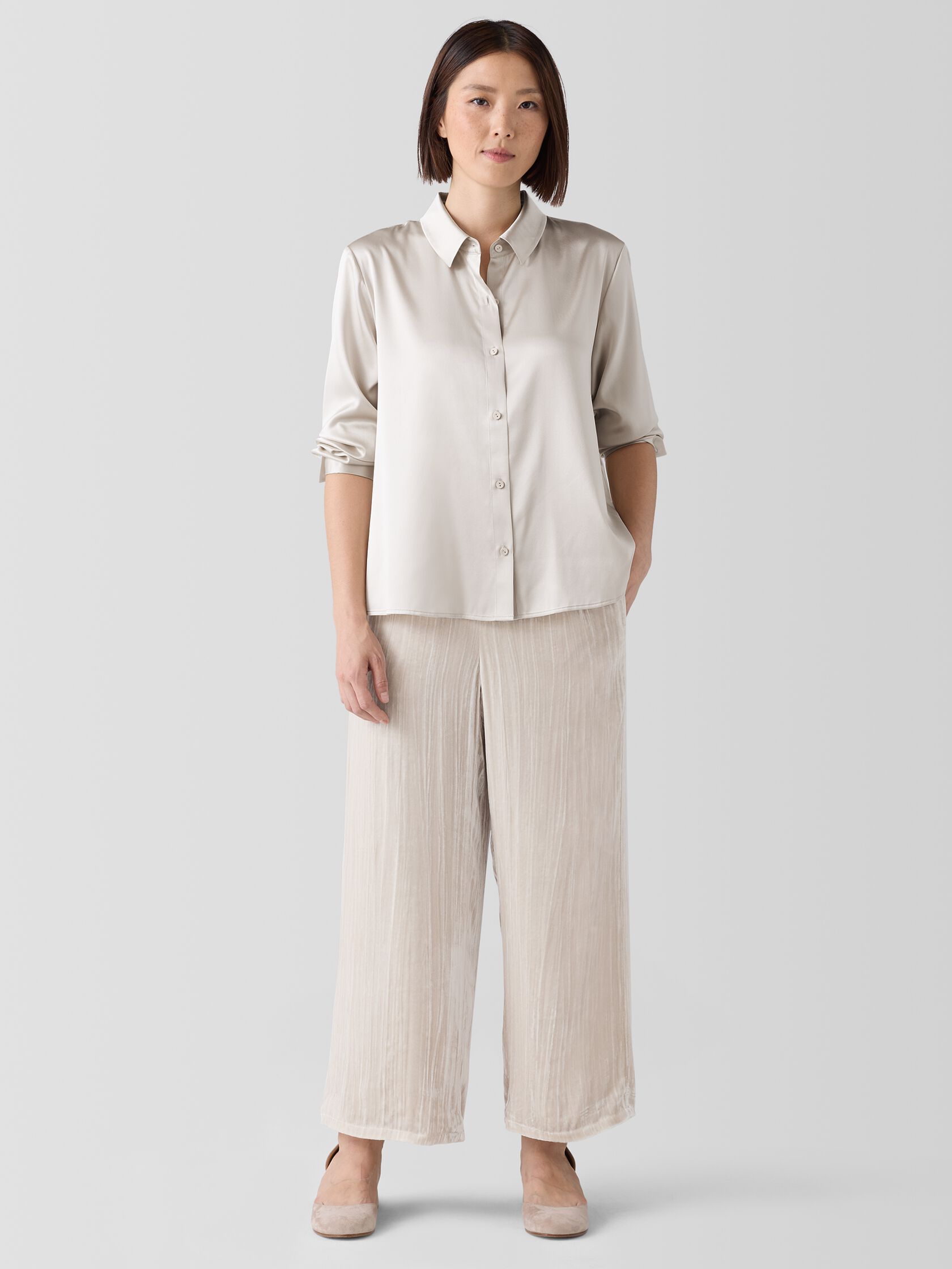 Stretch Silk Charmeuse Classic Collar Shirt