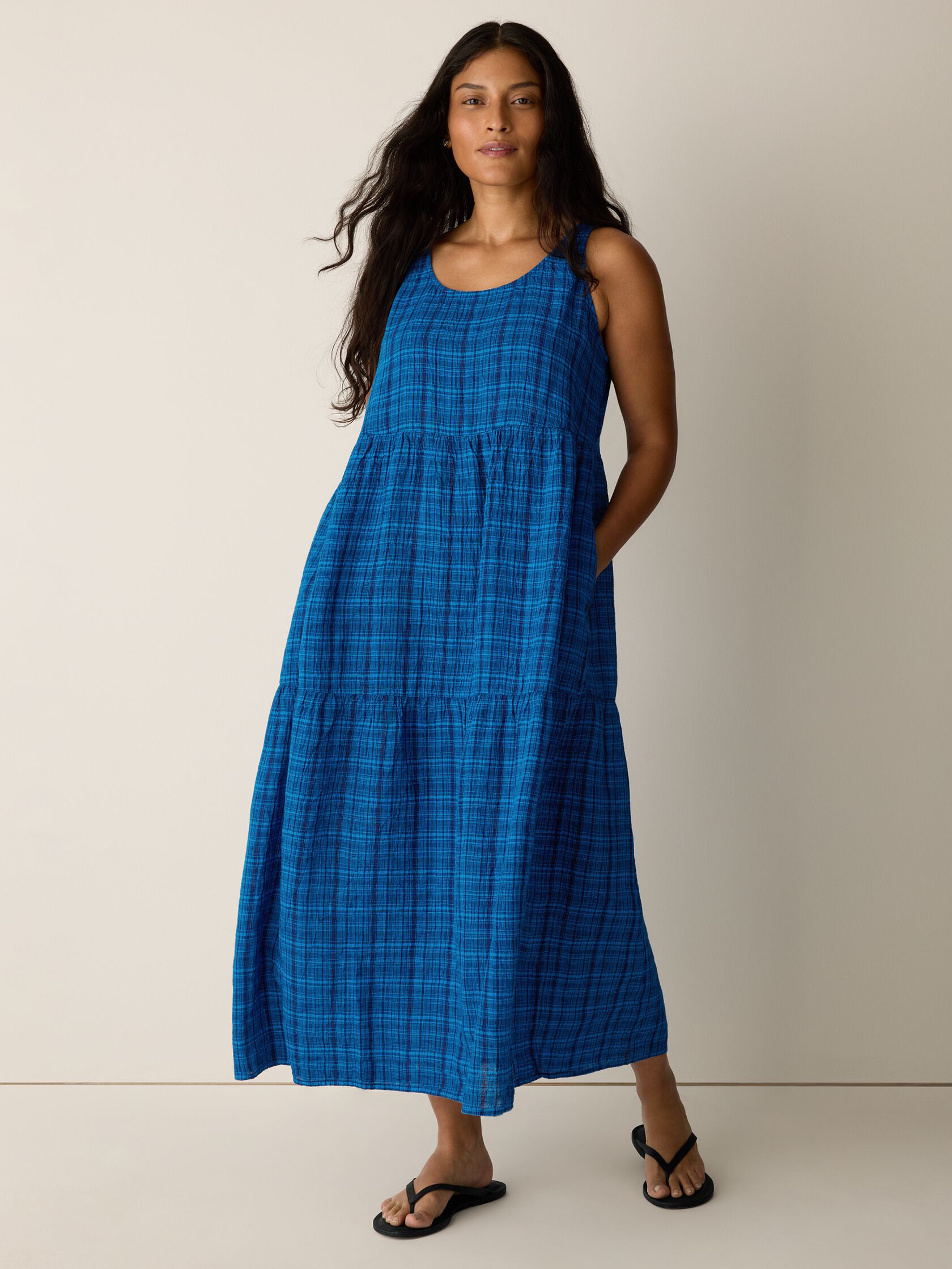 Puckered Organic Linen Plaid Tiered Dress