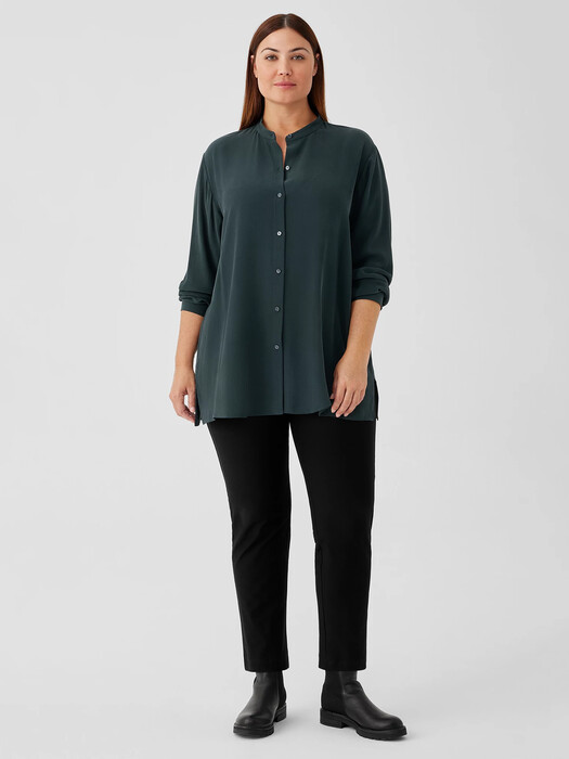 Silk Georgette Crepe Mandarin Collar Shirt