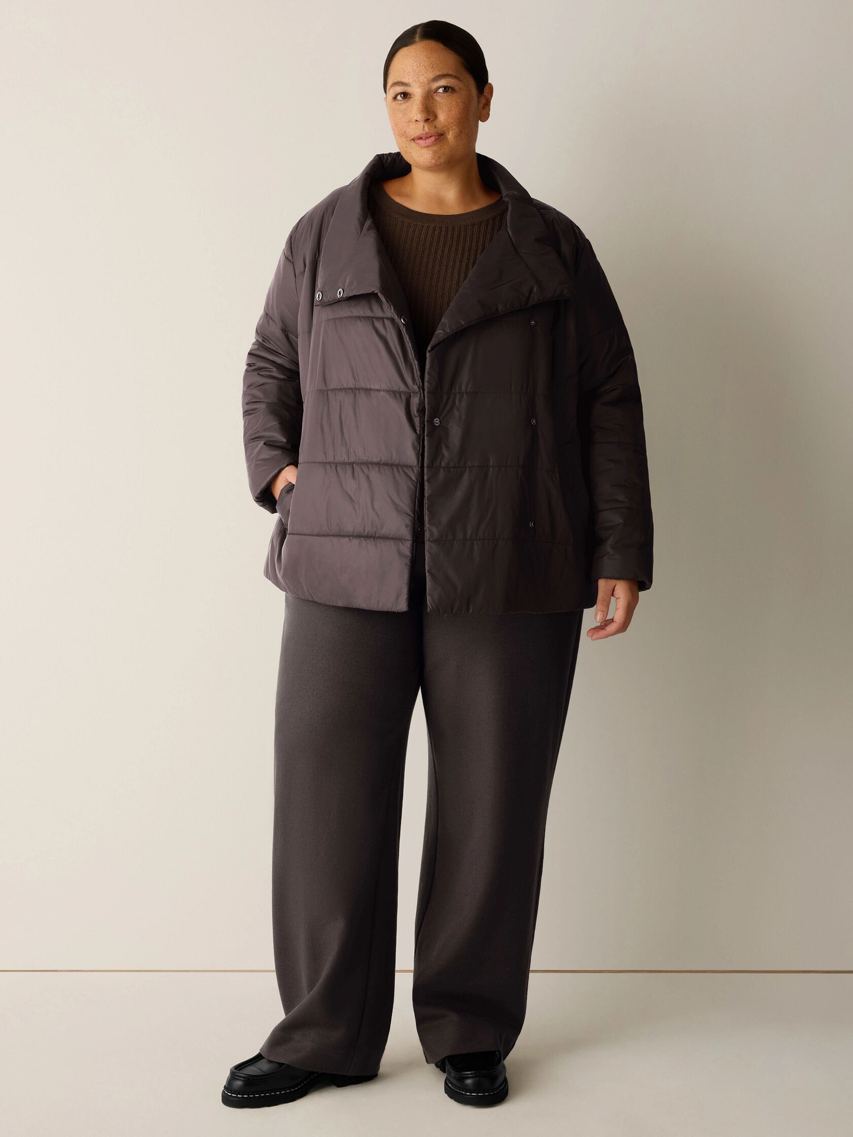Eggshell Recycled Nylon Stand Collar Quilted Coat