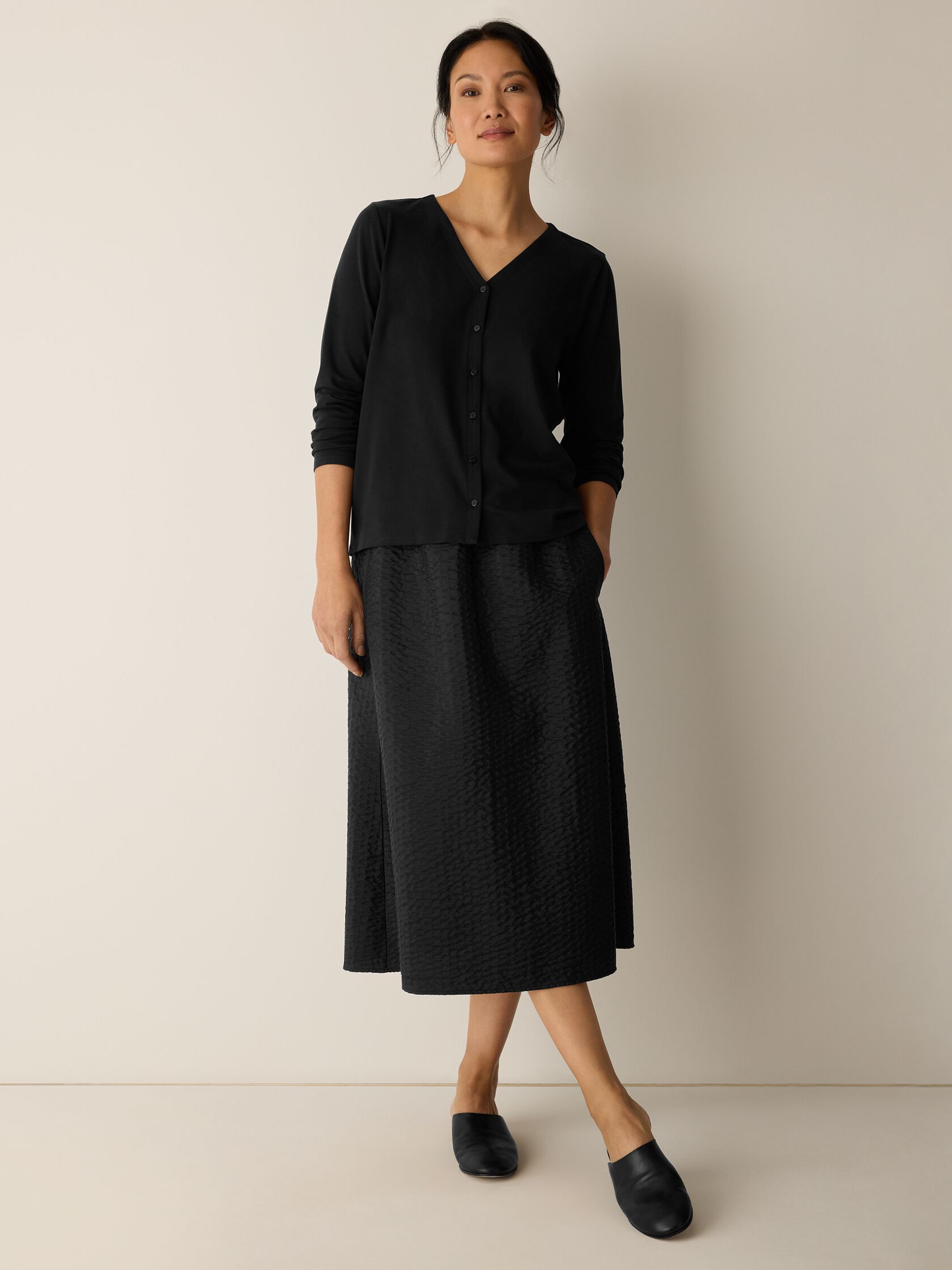 Stretch Jersey Knit Button-Front Top