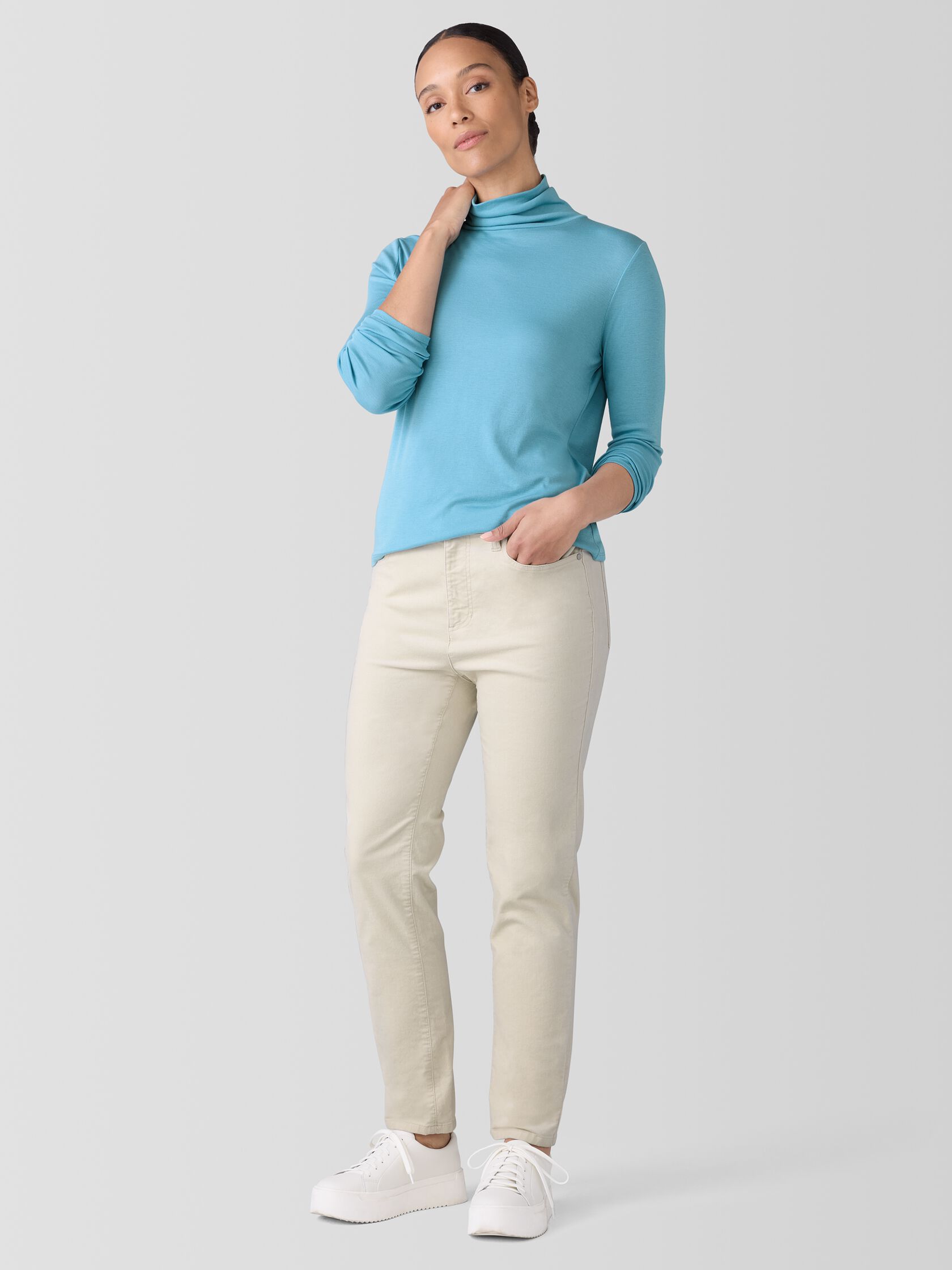 Ribbed Pima Cotton Blend Turtleneck Top