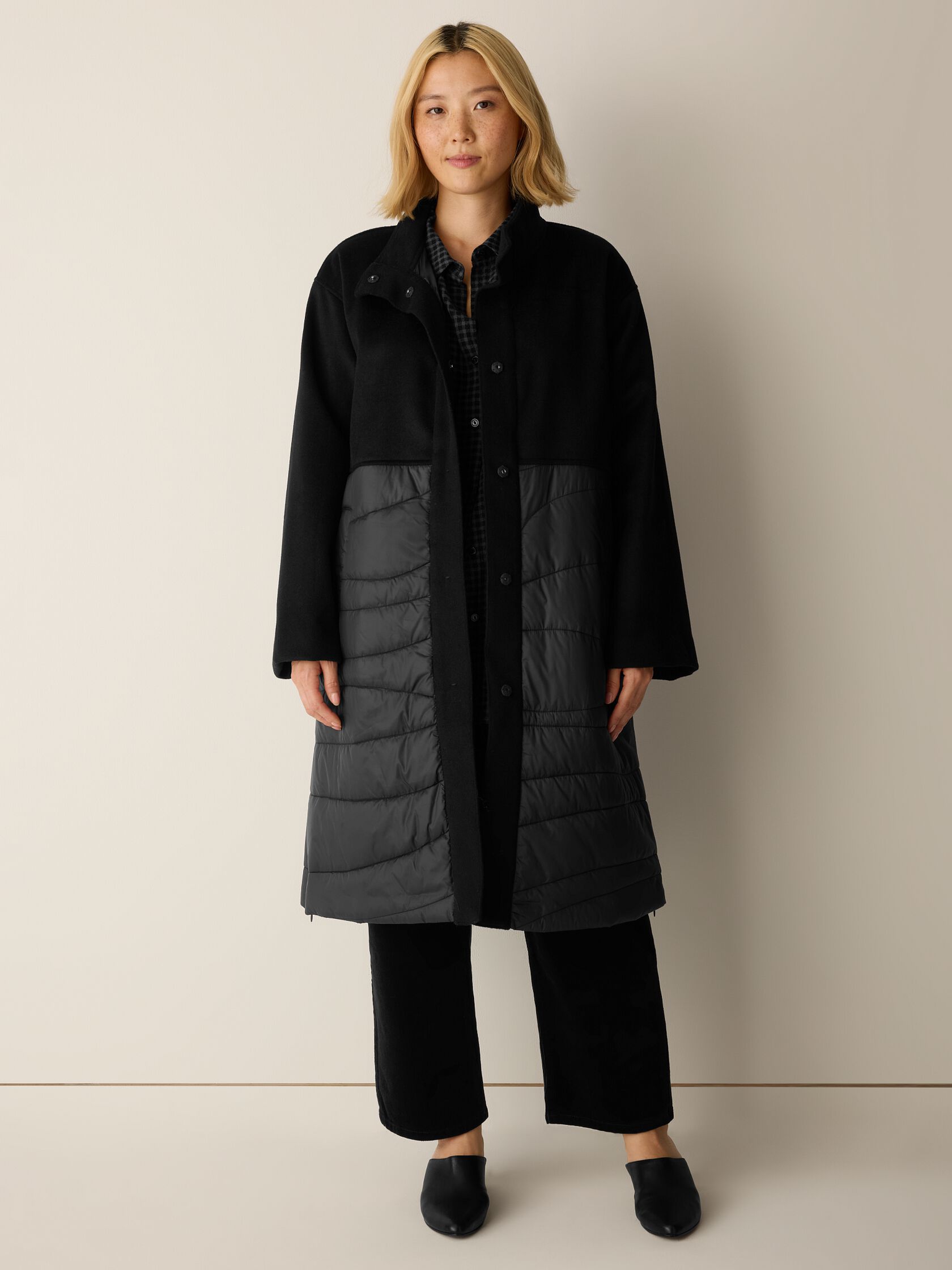 Eggshell Recycled Nylon Stand Collar Coat