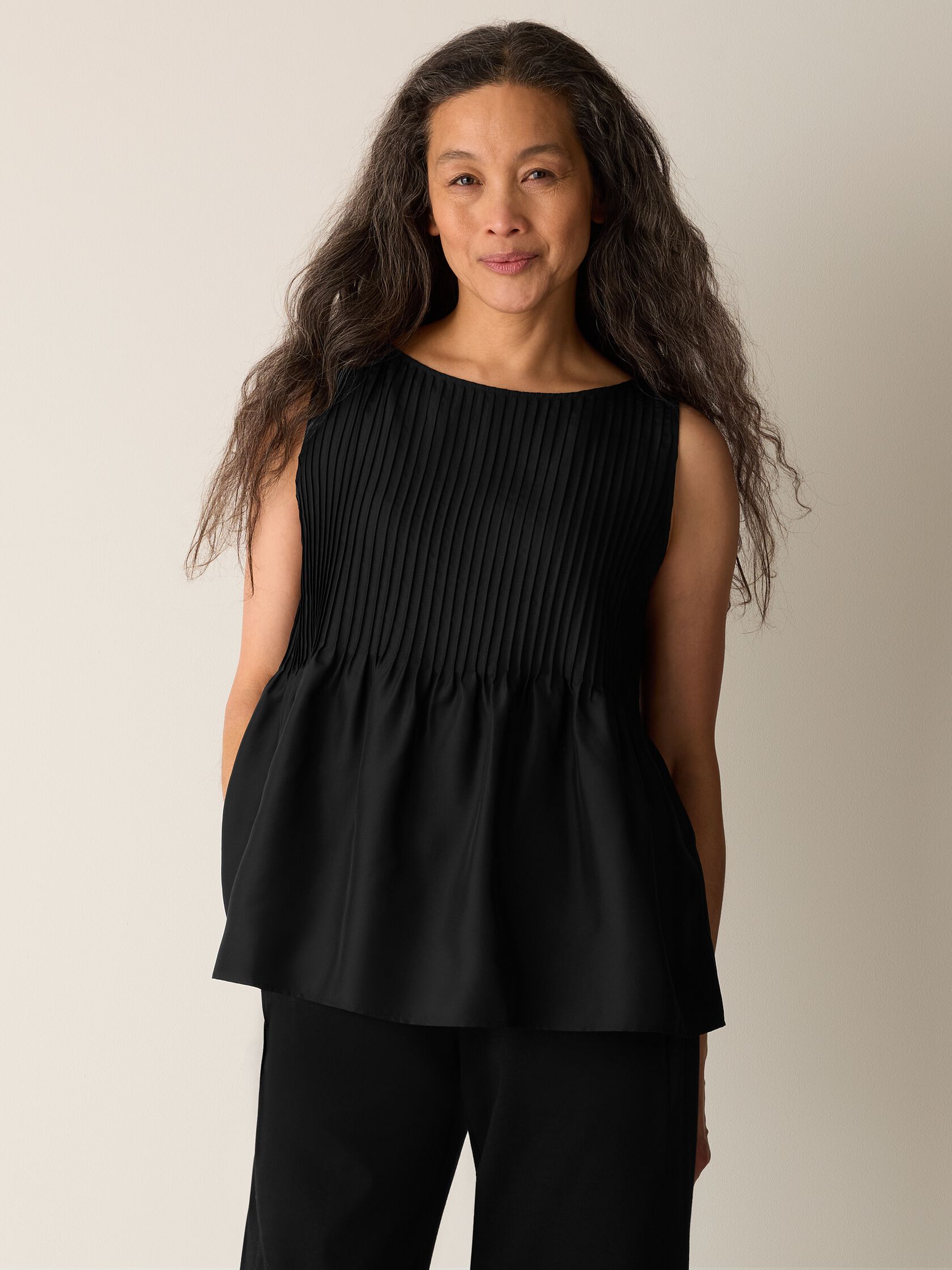 Pleated Silk Bateau Neck Tank