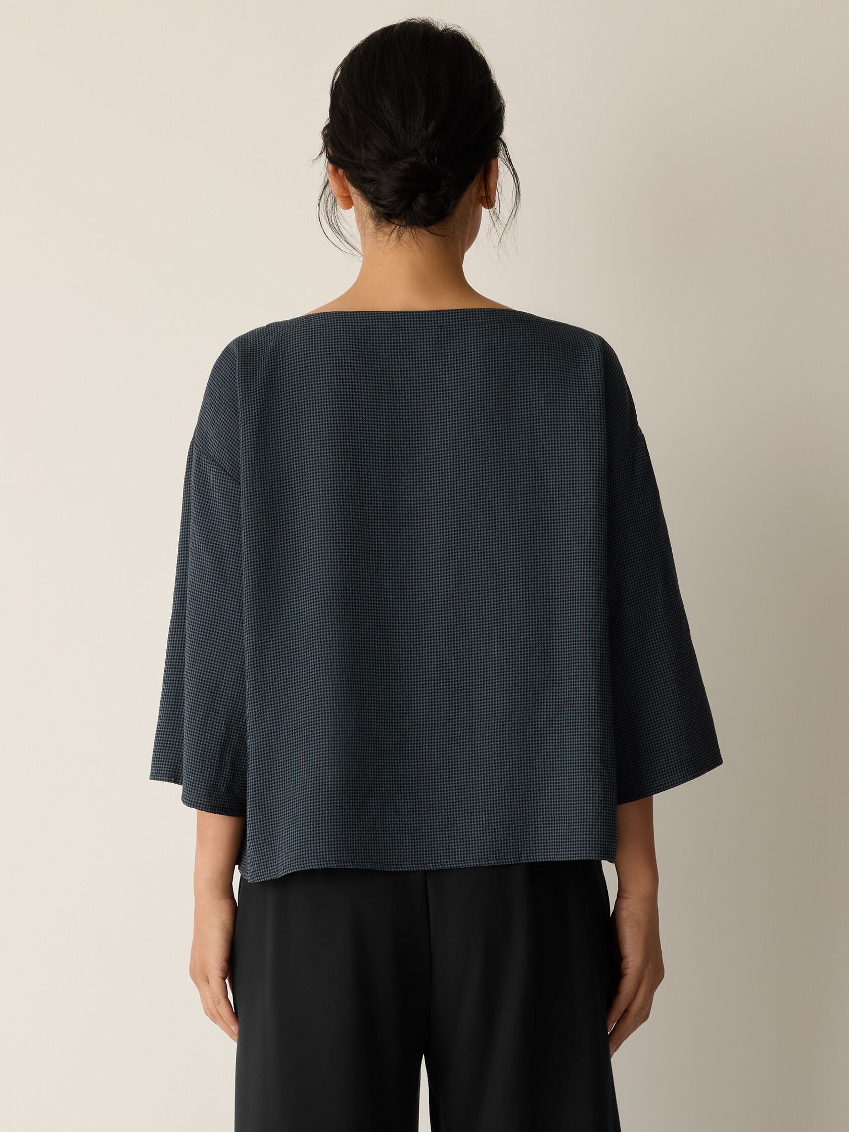 Mini Check Crepe Bateau Neck Box-Top