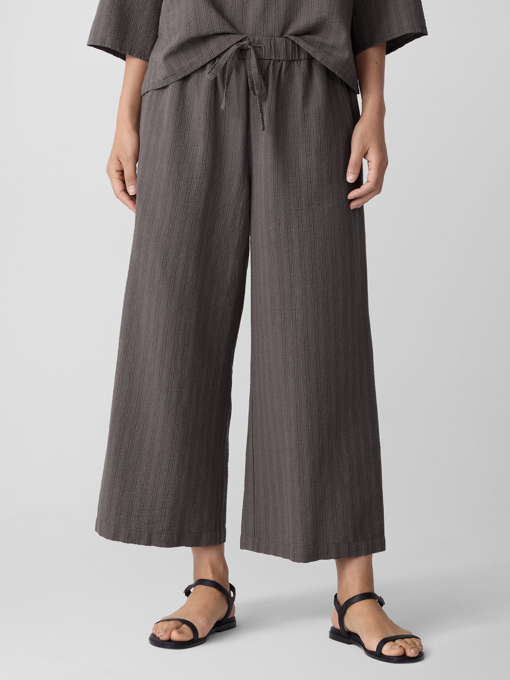 Cotton Blend Stripe Stitch Wide-Leg Pant