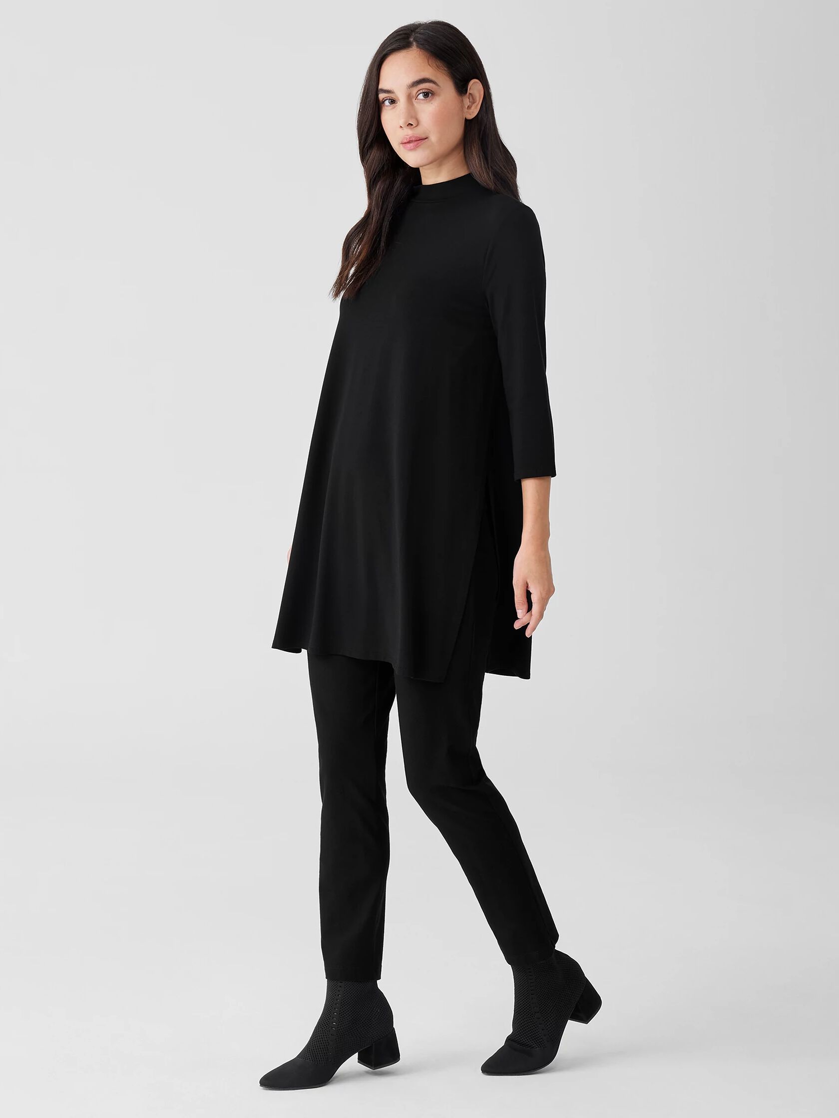 Stretch Jersey Knit Mock Neck Long Top