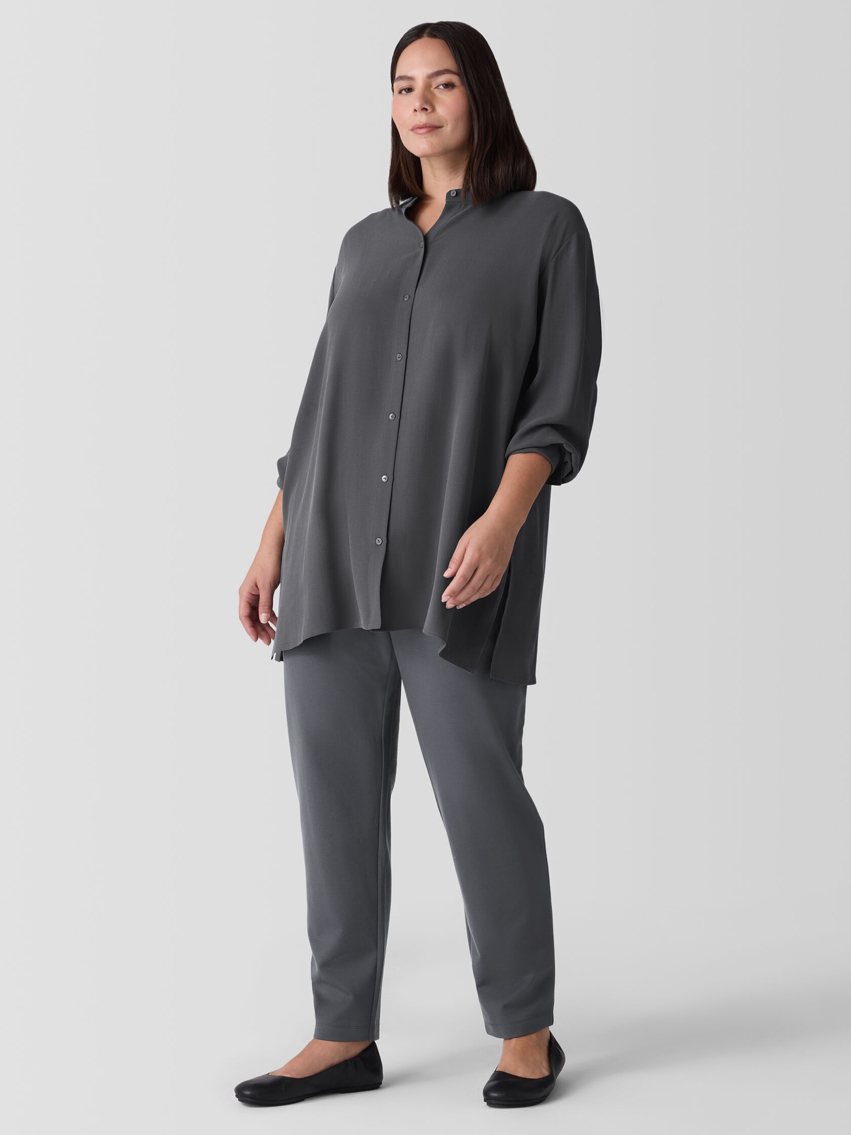 Silk Georgette Crepe Band Collar Shirt
