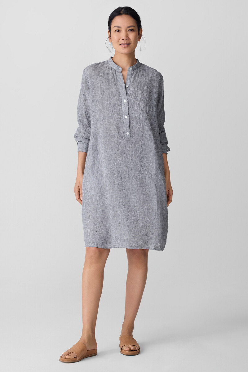 Puckered Organic Linen Stripe Band Collar Shirtdress Puckered Organic Linen Stripe Band Collar Shirtdress