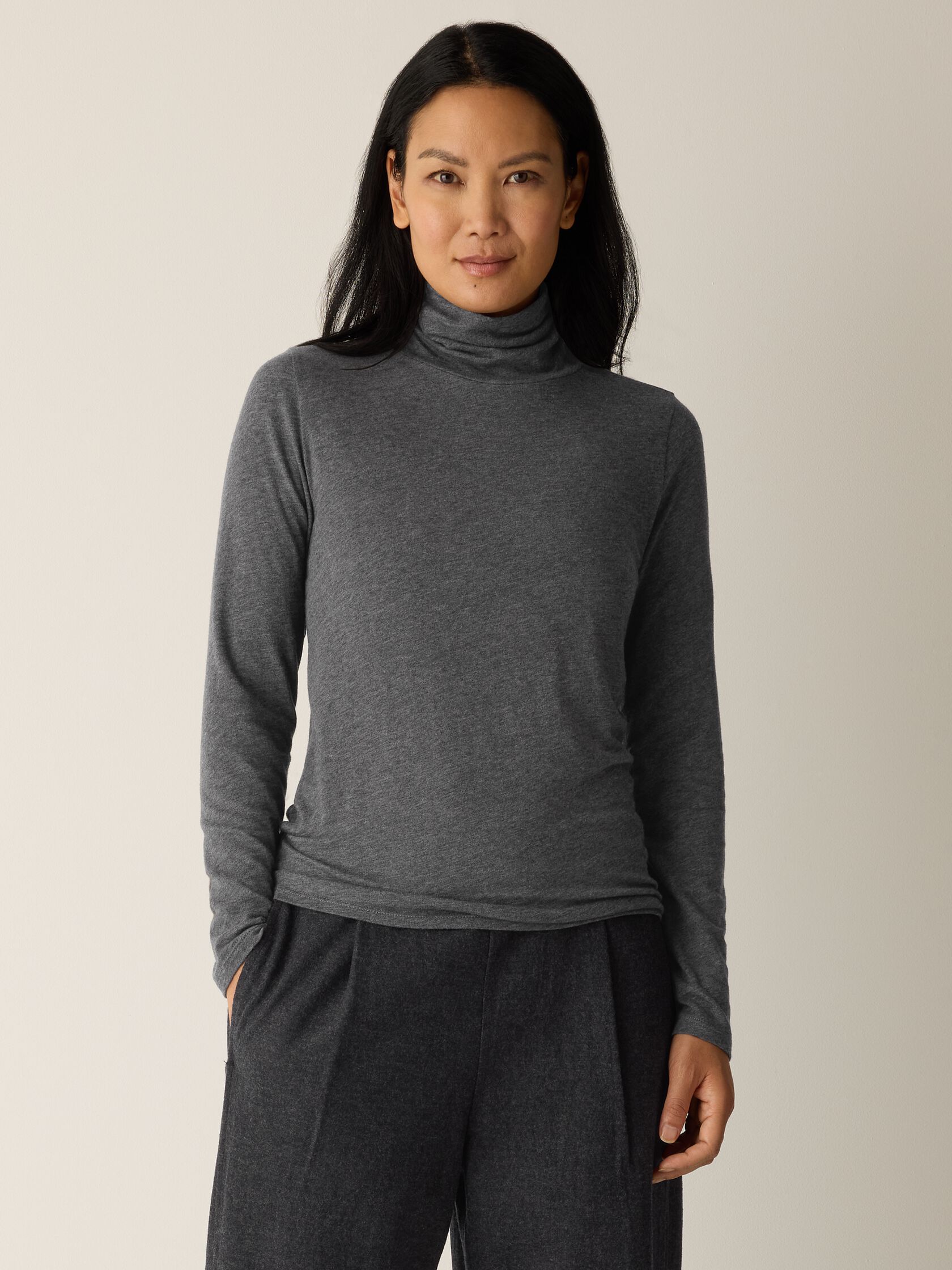 Mélange Sheer Cotton Blend Knit Turtleneck Top