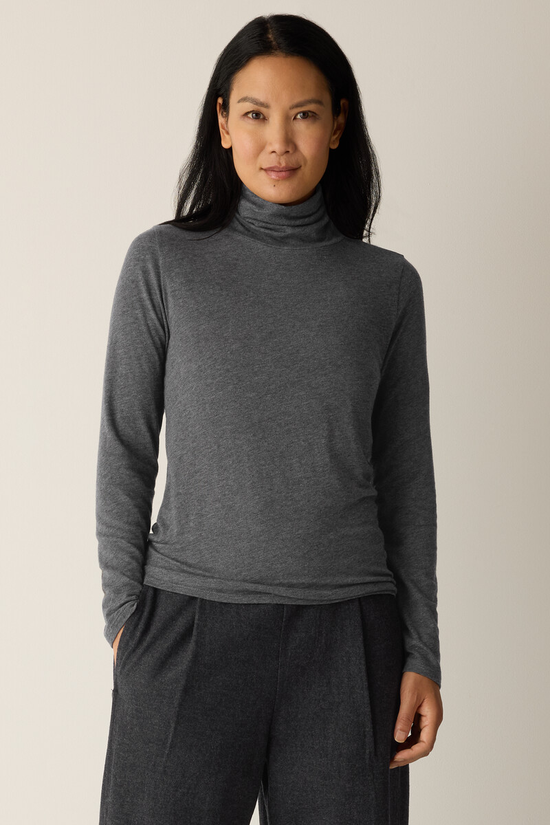Mélange Sheer Cotton Blend Knit Turtleneck Top Mélange Sheer Cotton Blend Knit Turtleneck Top