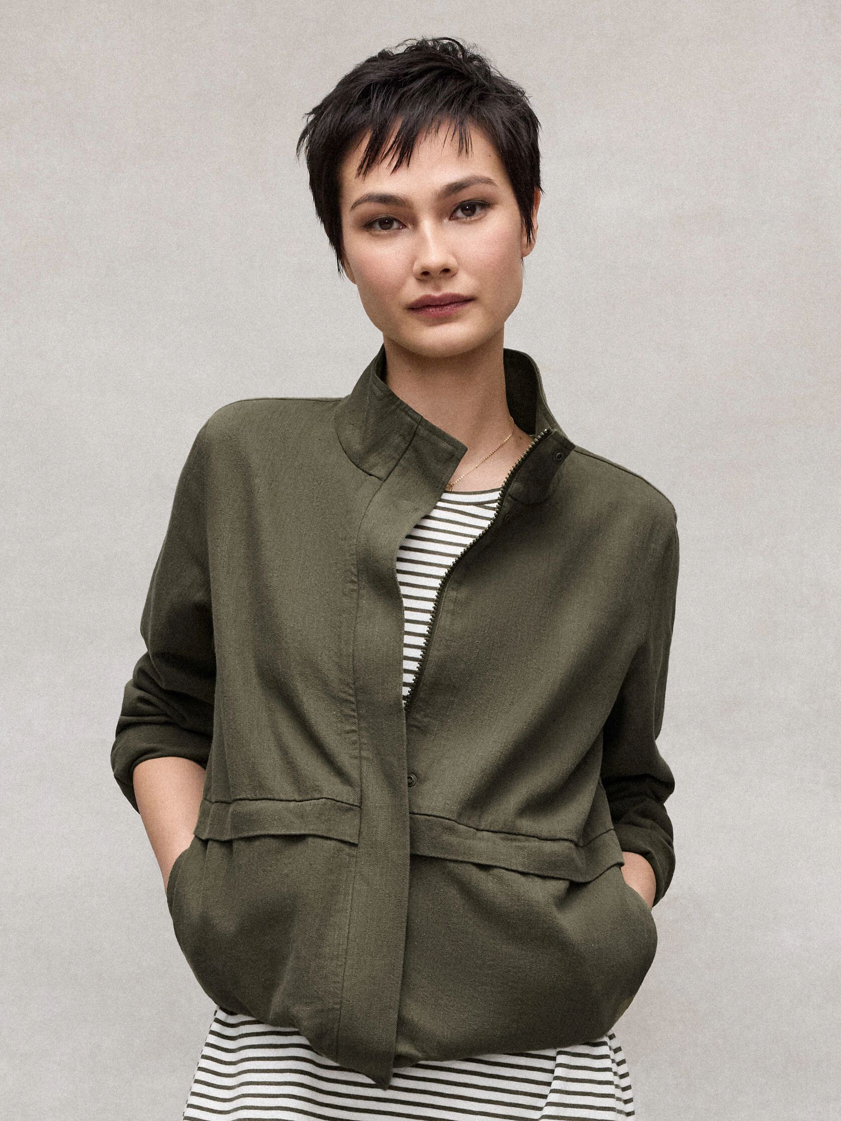 Slubby Organic Cotton Linen High Collar Jacket