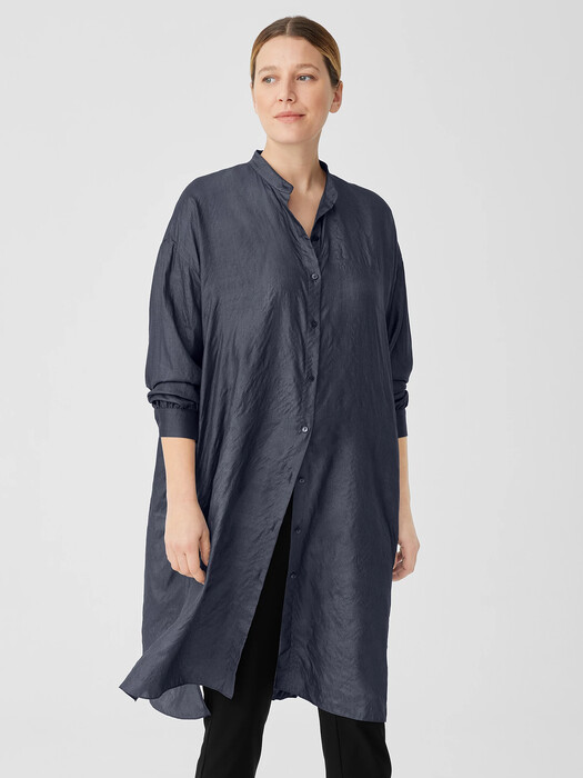Washed Silk Tussah Mandarin Collar Shirtdress