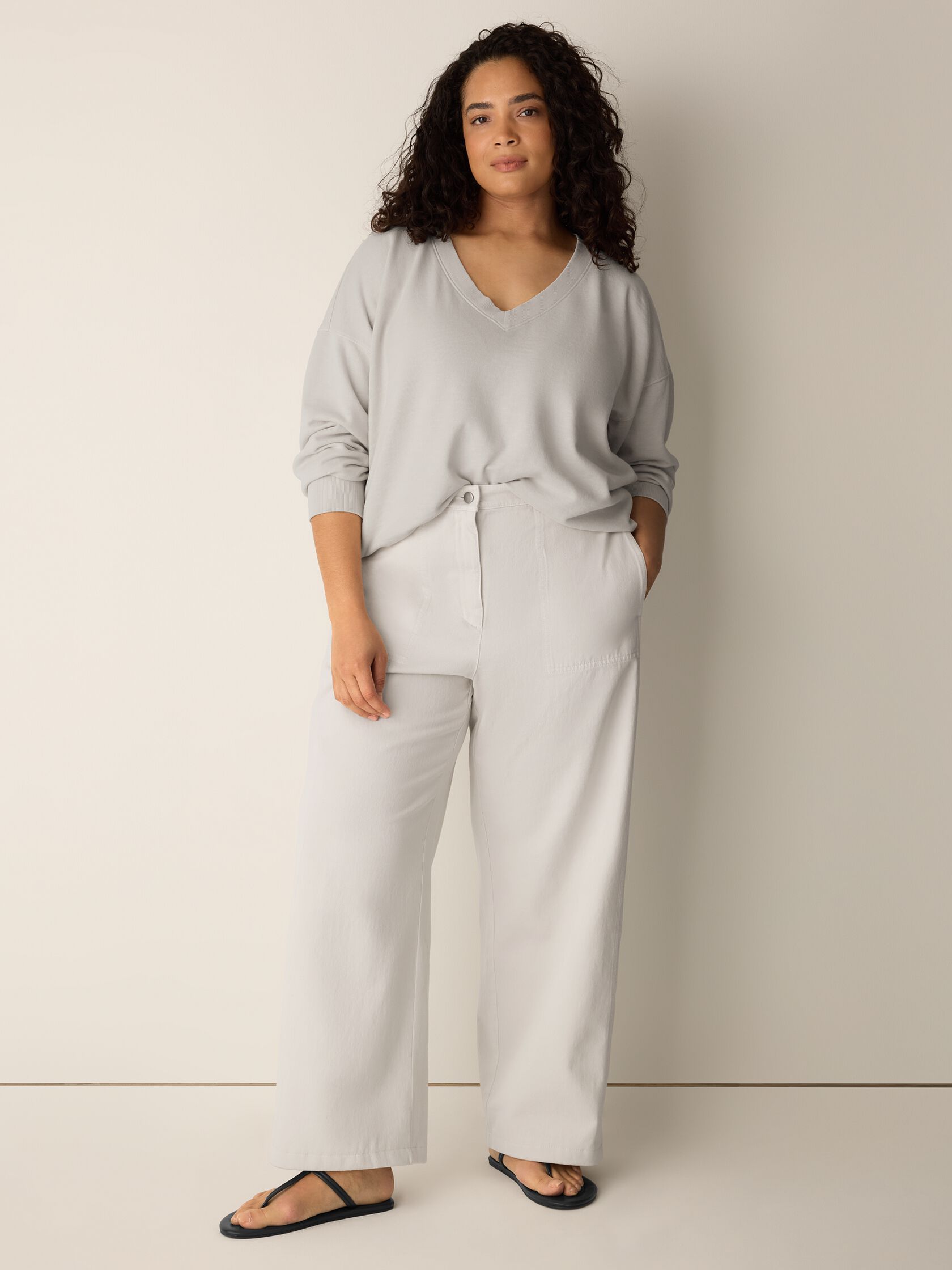 Garment-Dyed Organic Cotton Terry V-Neck Top