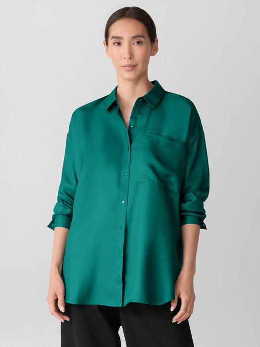 Eileen Fisher - Women's Silk Twill Classic Collar Long Shirt - Green - Size: Large regular Eileen Fisher - Women's Silk Twill Classic Collar Long Shirt - Green - Size: Large regular