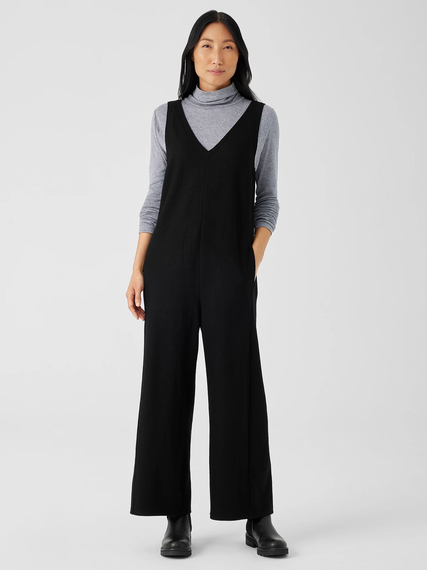 Boiled Wool Jersey V-Neck Jumpsuit