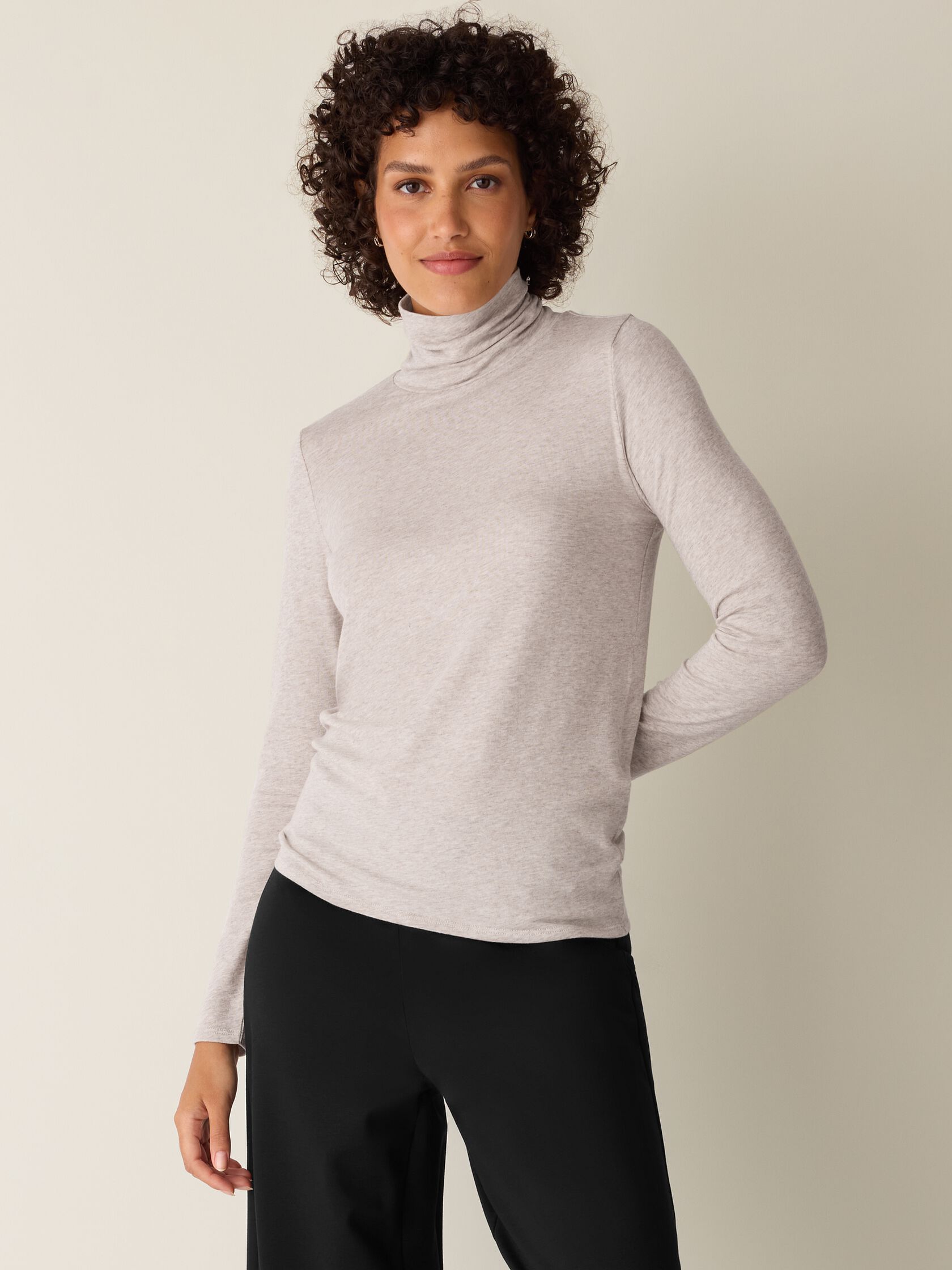 Mélange Sheer Cotton Blend Knit Turtleneck Top