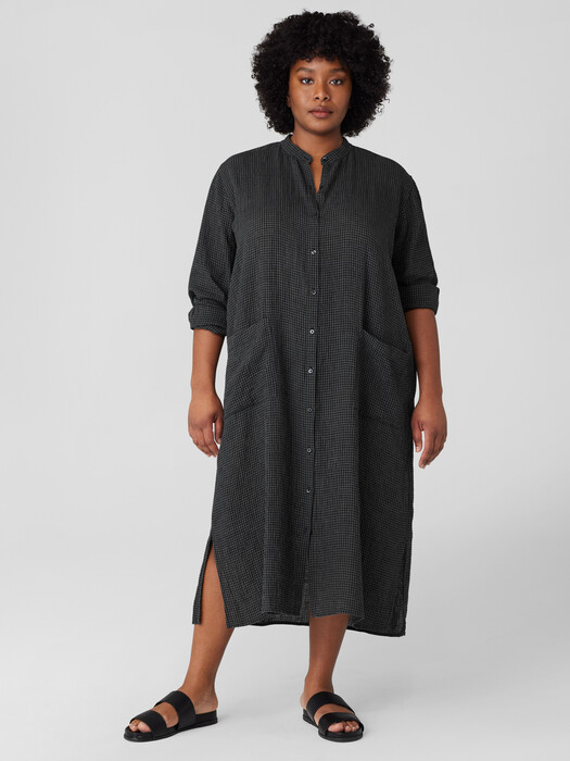 Puckered Organic Linen Mandarin Collar Shirtdress