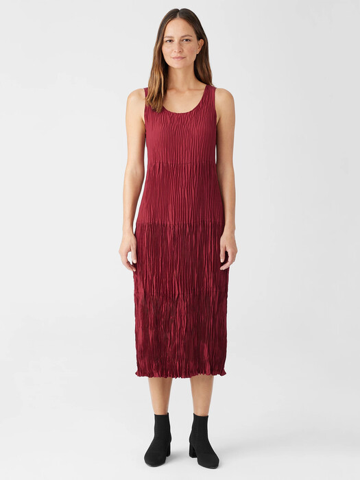 crushed silk jewel neck tiered dress Eileen Fisher Crushed Silk Tiered Midi Dress