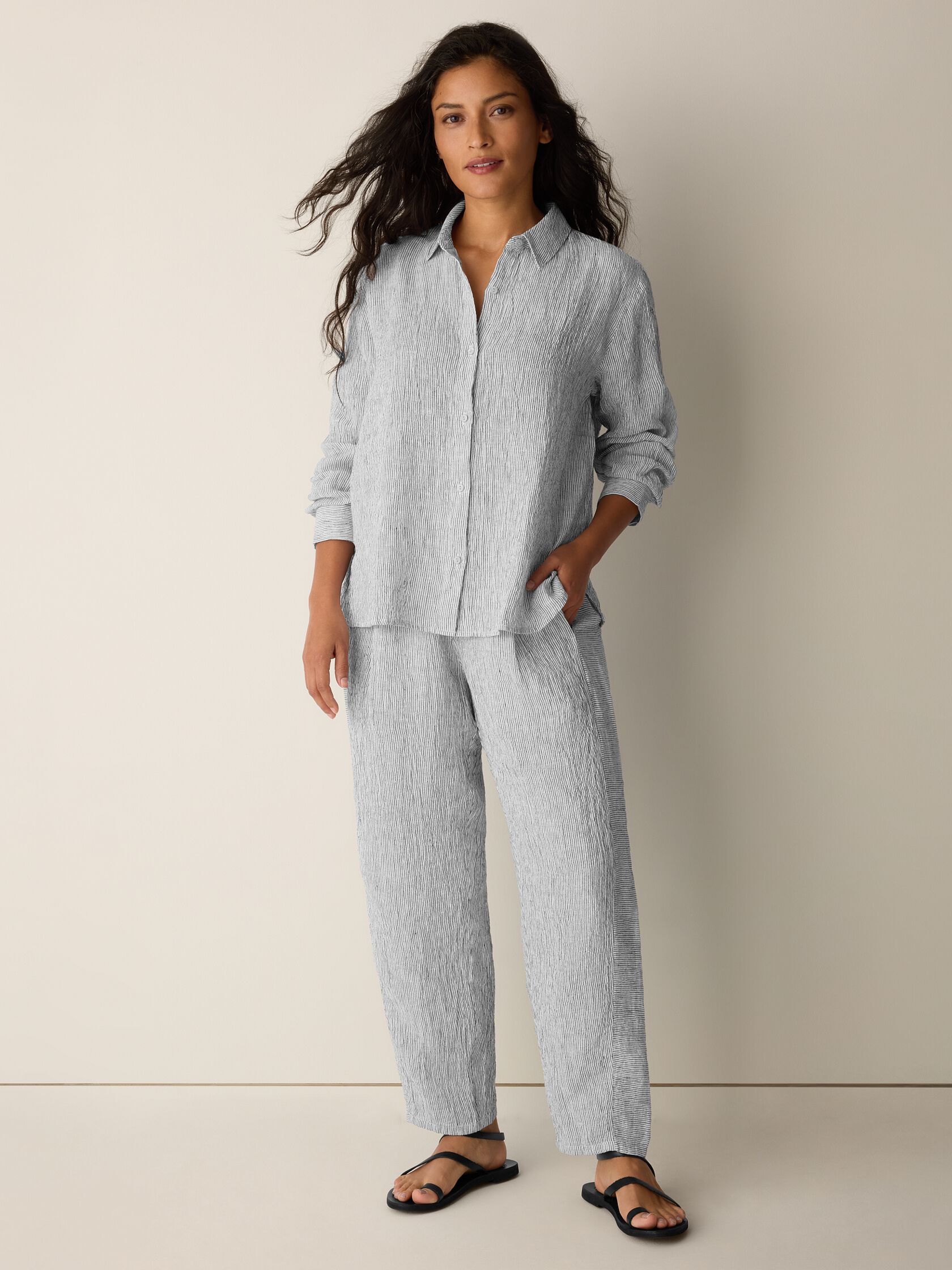 Puckered Organic Linen Stripe Classic Collar Shirt