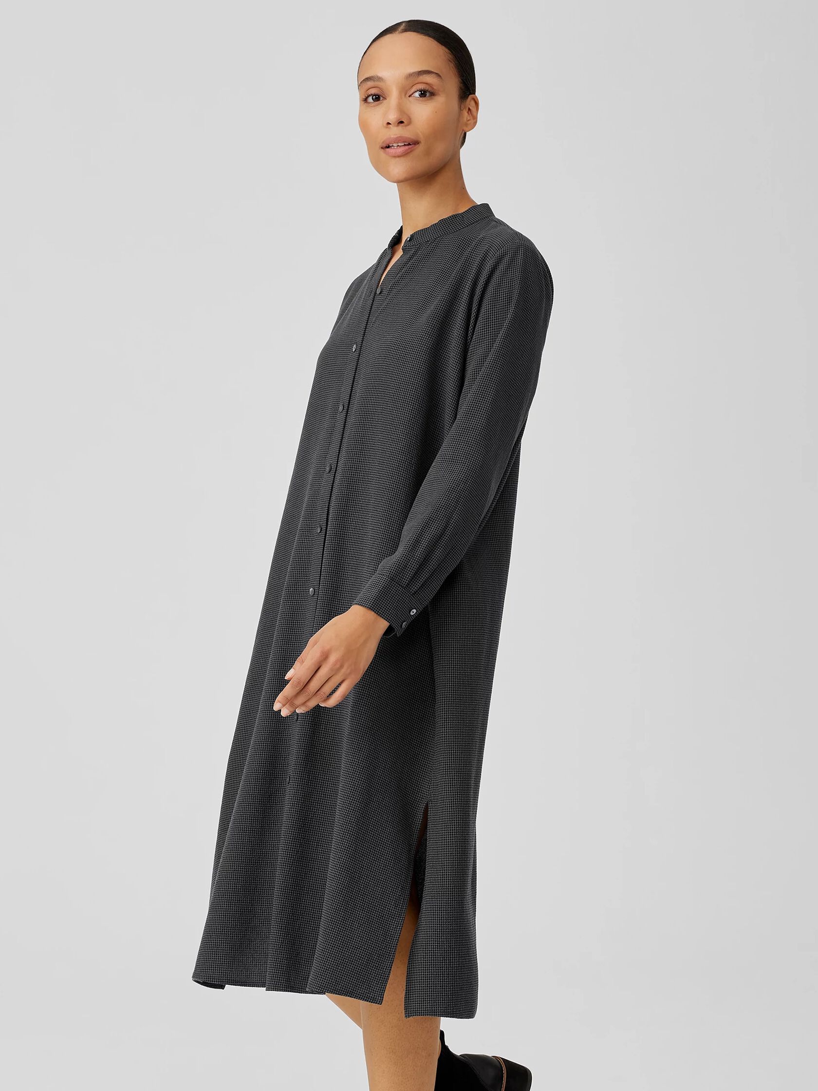 Mini Check Crepe Mandarin Collar Dress