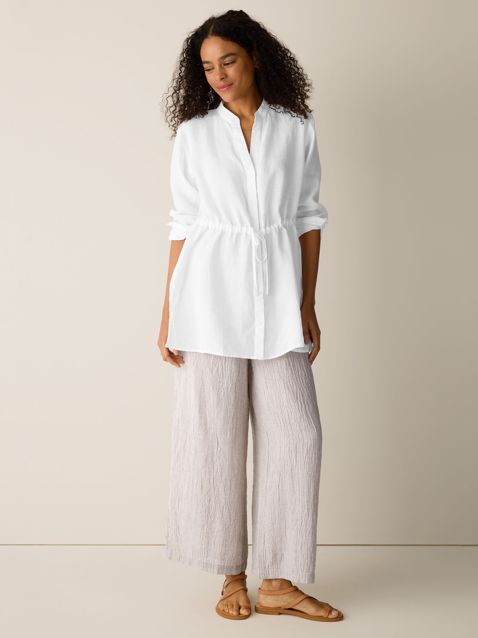 Organic Handkerchief Linen Band Collar Drawstring Shirt