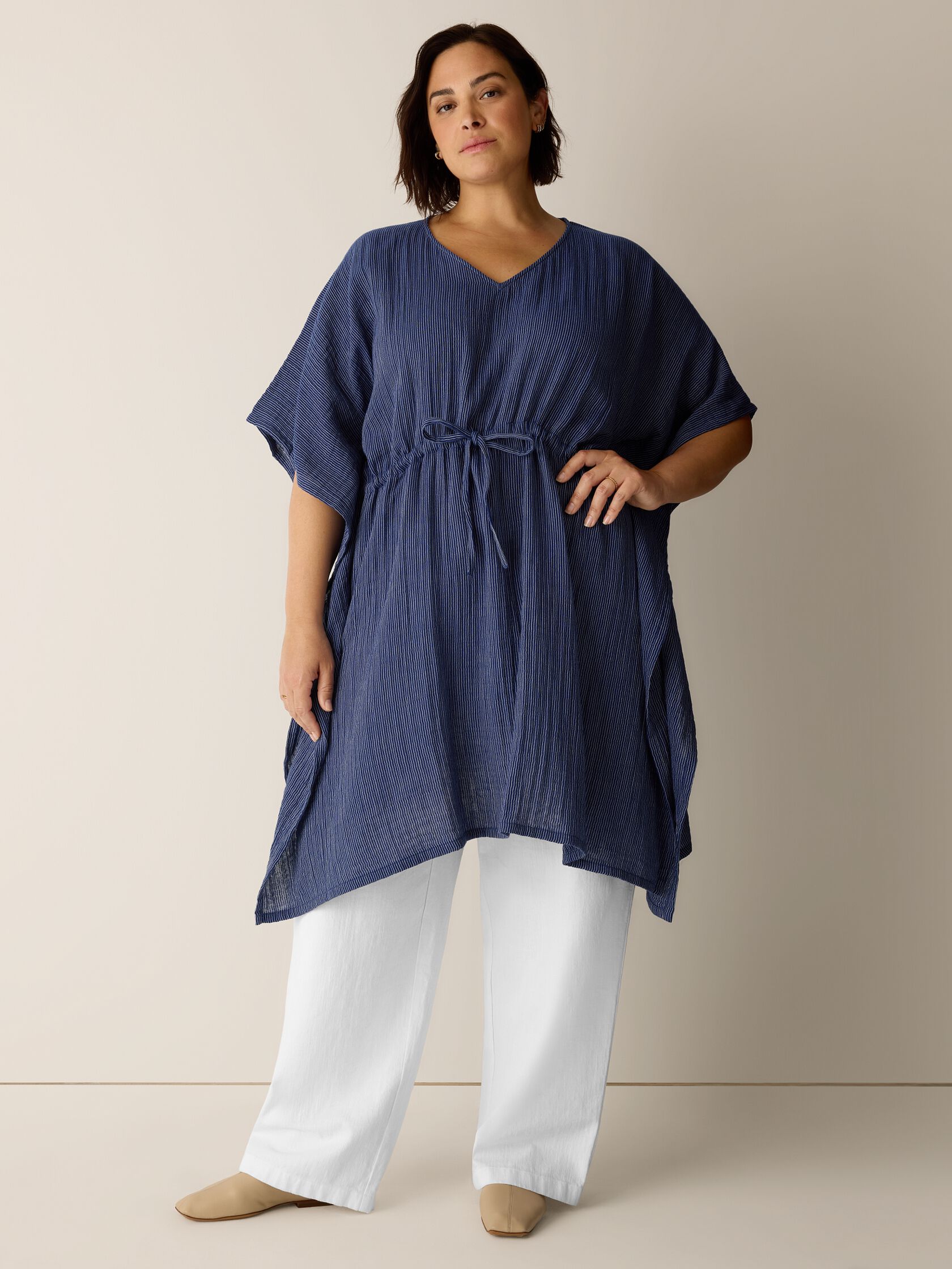 Striped Organic Cotton Gauze V-Neck Caftan