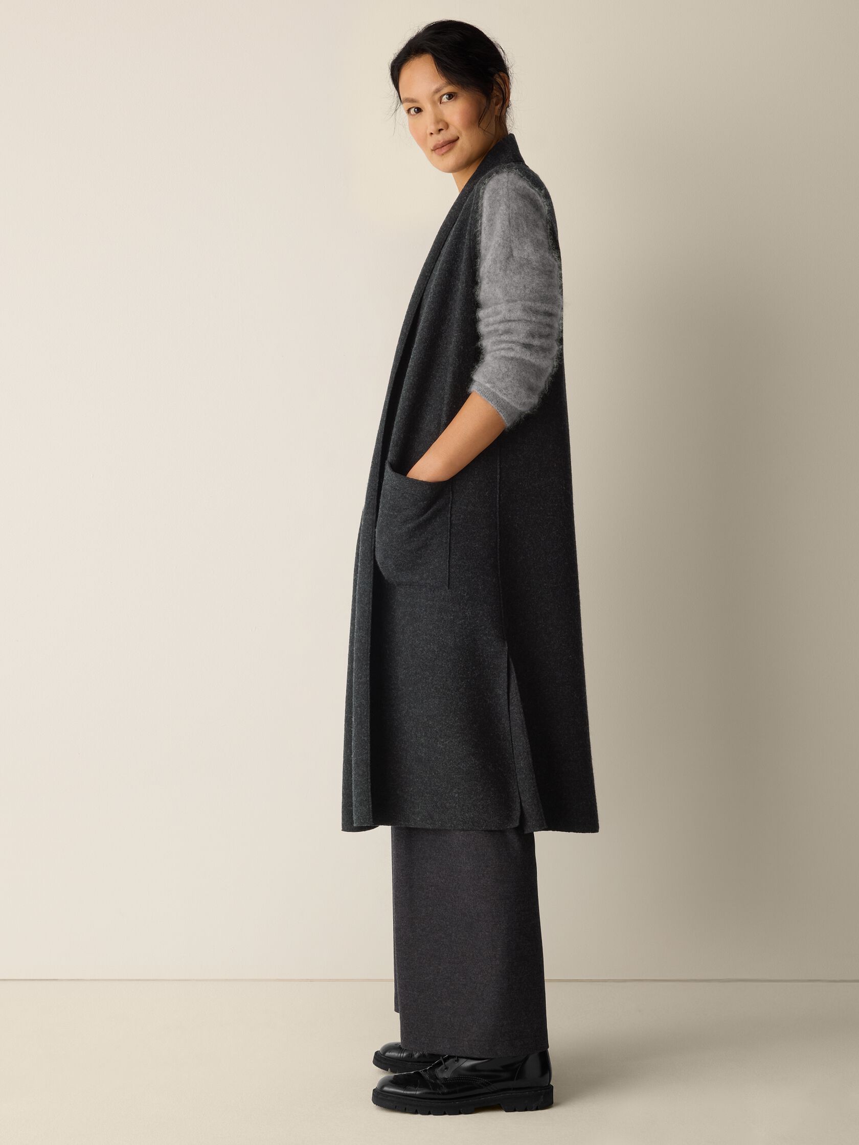 Lightweight Boiled Wool Shawl Collar Vest in Regenerative Wool