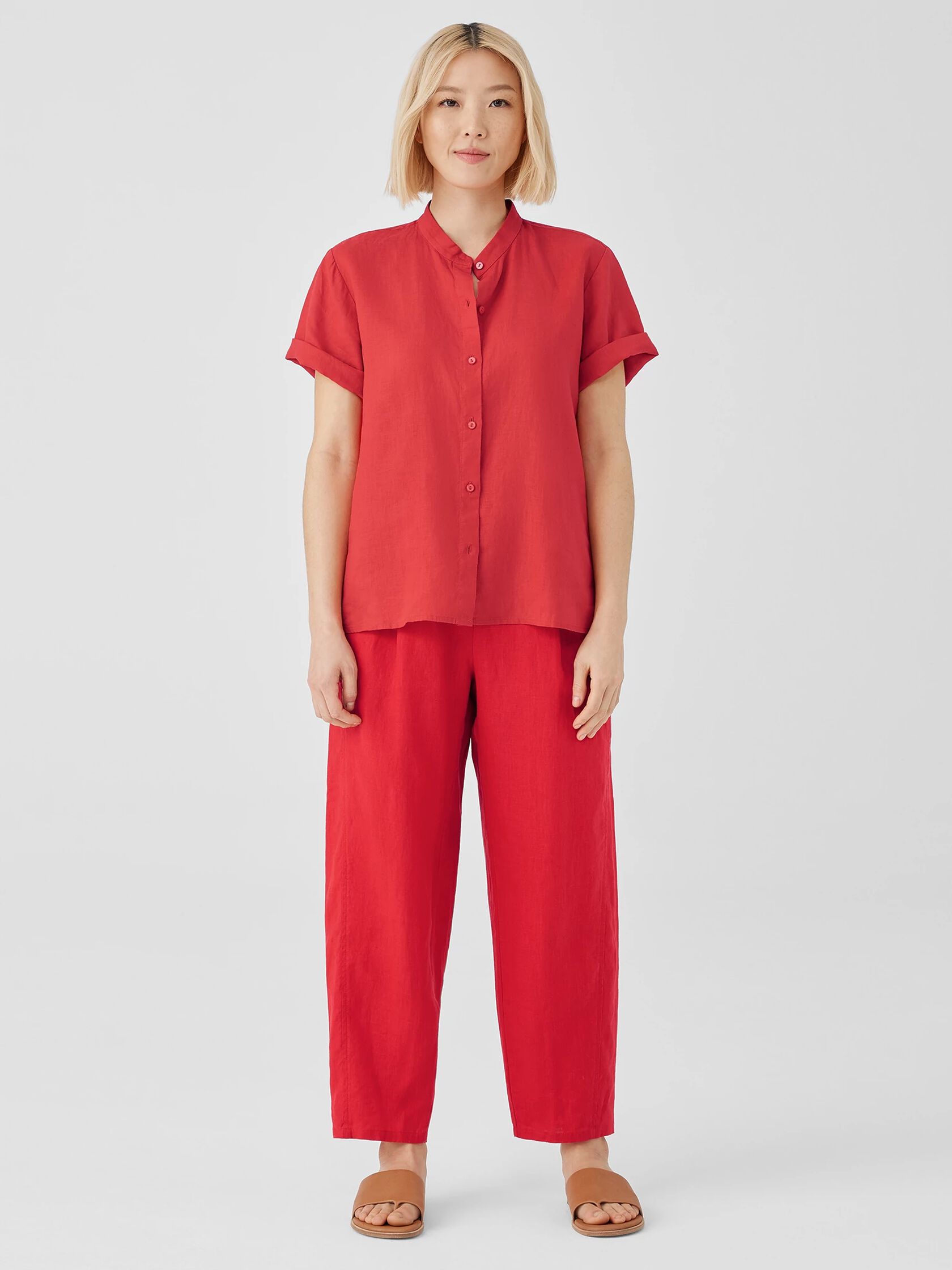 Organic Handkerchief Linen Band Collar Short-Sleeve Shirt