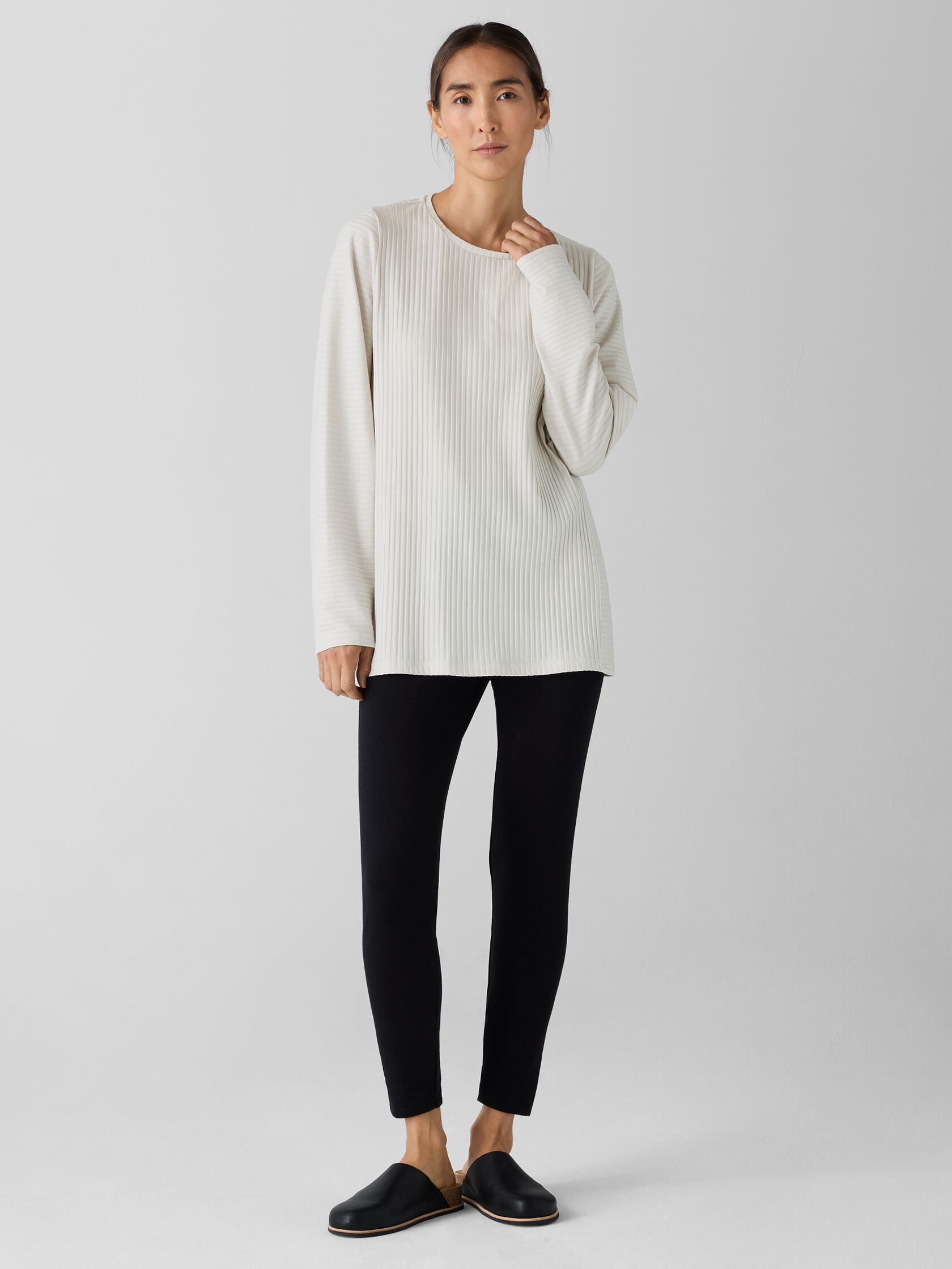 Textured Stretch Rib Round Neck Long-Sleeve Top