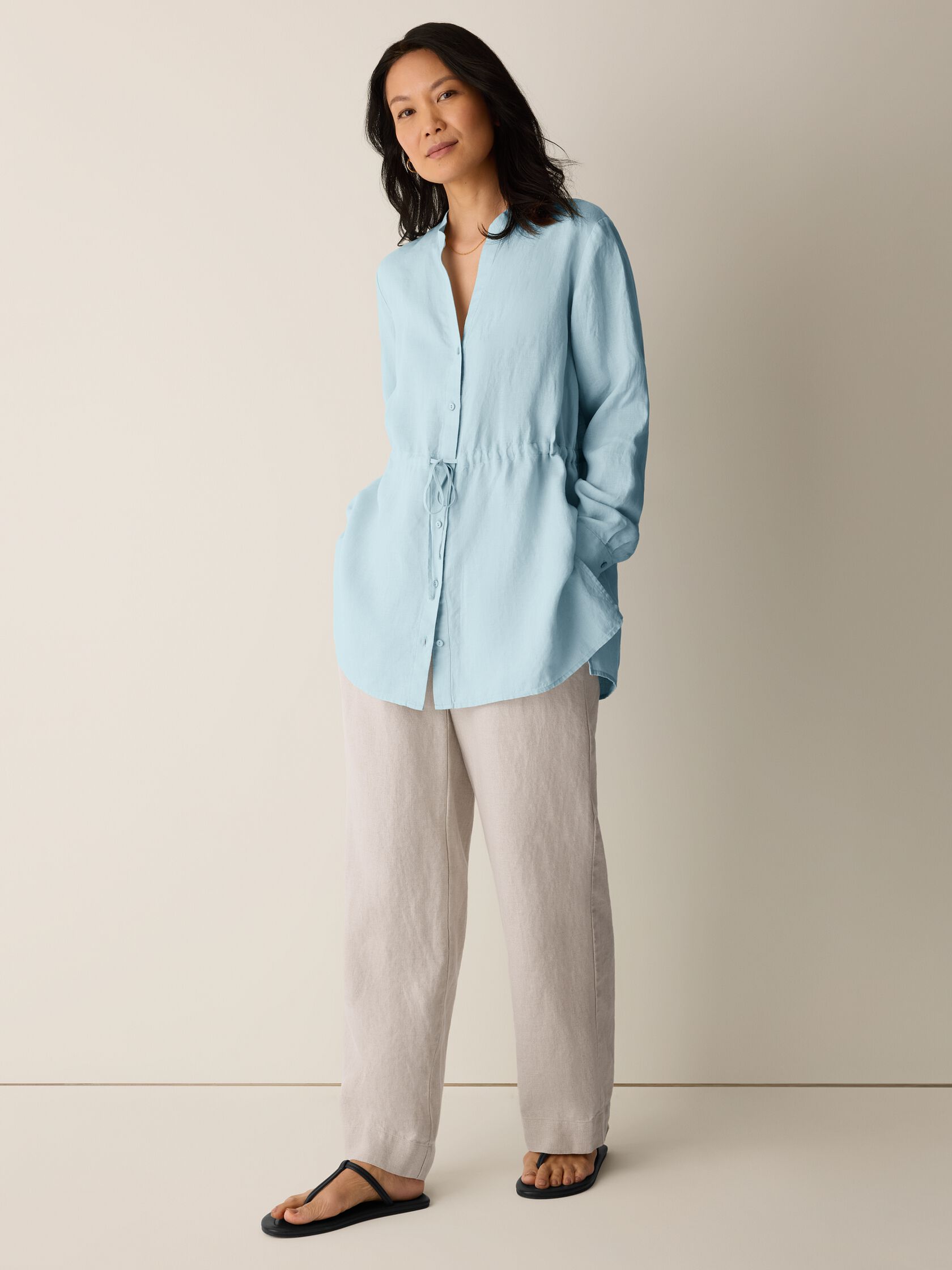 Organic Handkerchief Linen Band Collar Drawstring Shirt