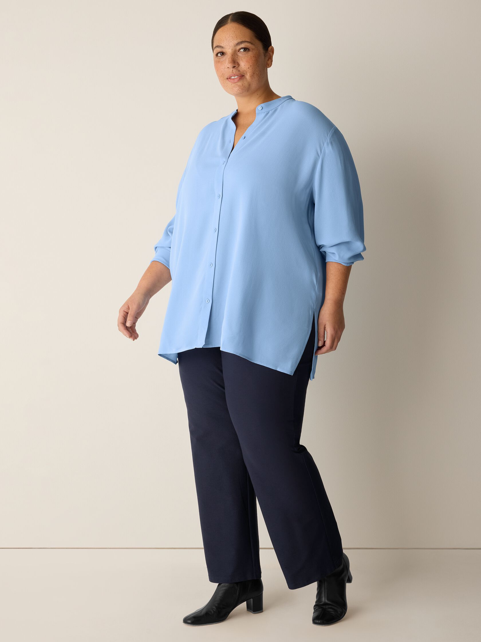 Silk Georgette Crepe Band Collar Shirt