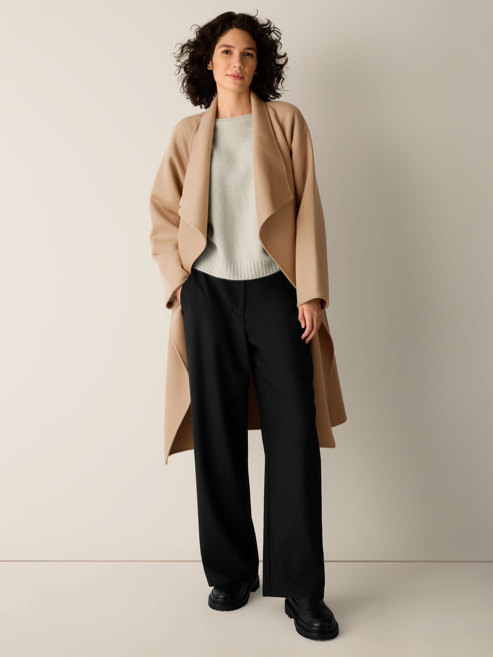 Lustrous Wool Drape Neck Coat