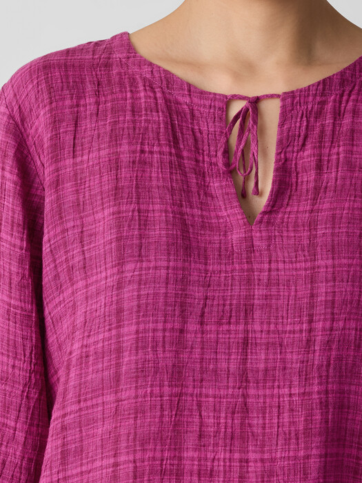 Puckered Organic Linen Plaid Keyhole Top