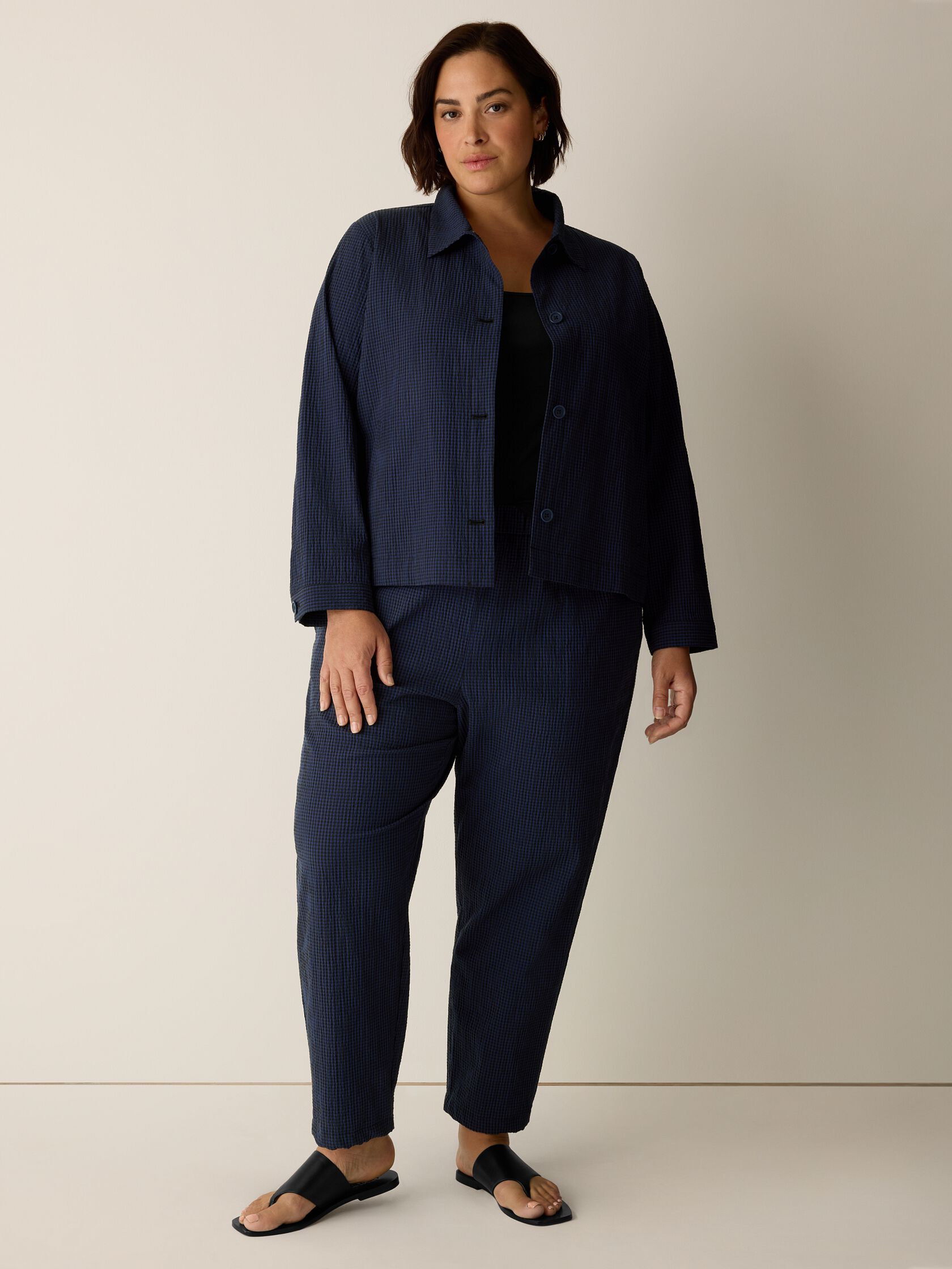 Organic Cotton Pucker Check Classic Collar Jacket