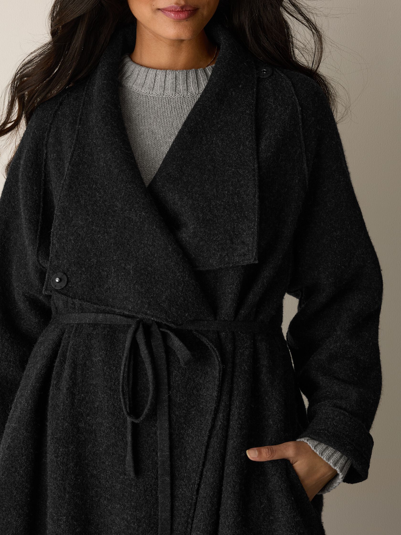 Lightweight Boiled Wool Drape Neck Coat in Regenerative Wool