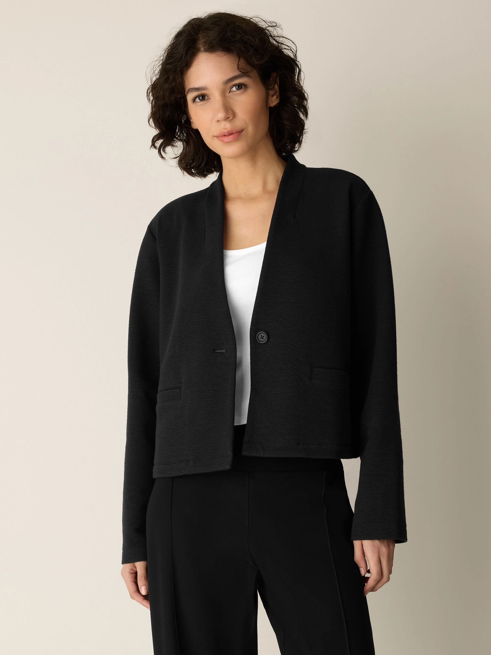 Textured Cotton Doubleknit High Collar Jacket
