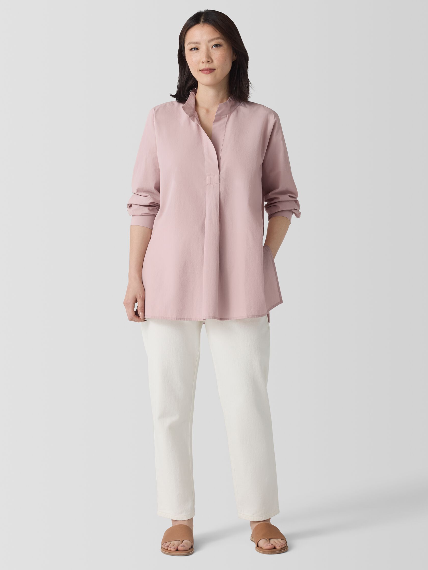 Washed Organic Cotton Poplin Stand Collar Top