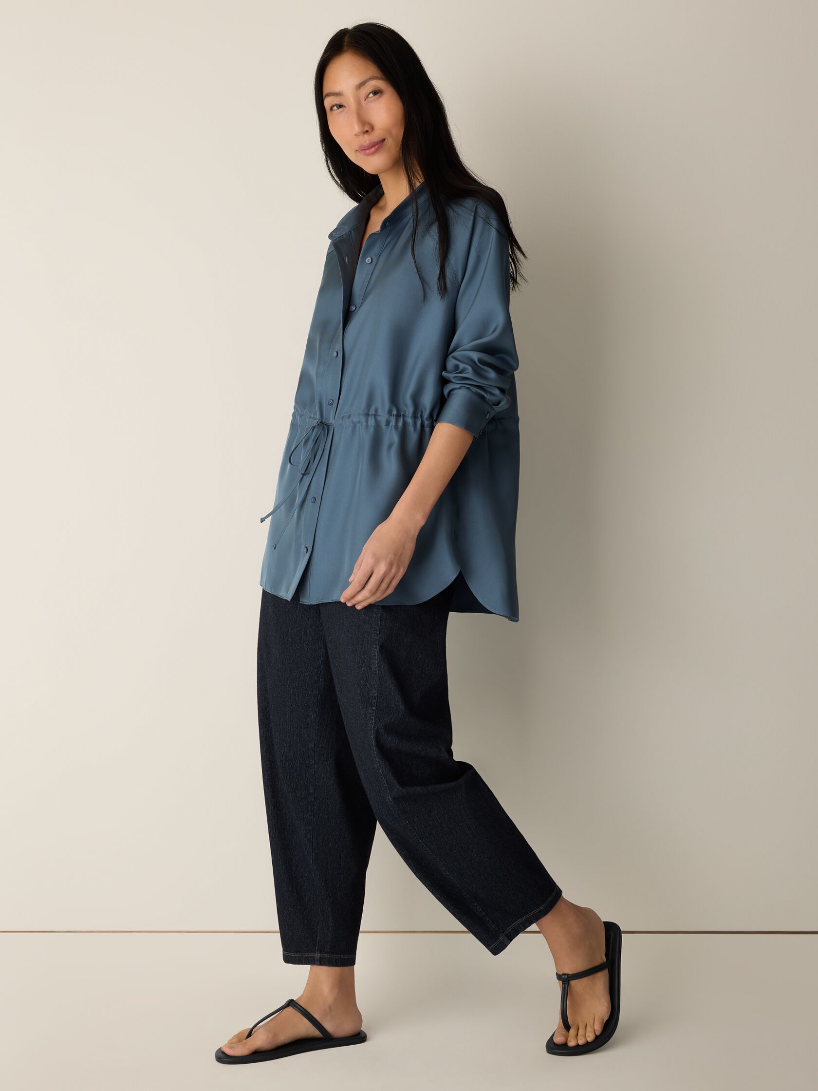Silk Twill Band Collar Shirt