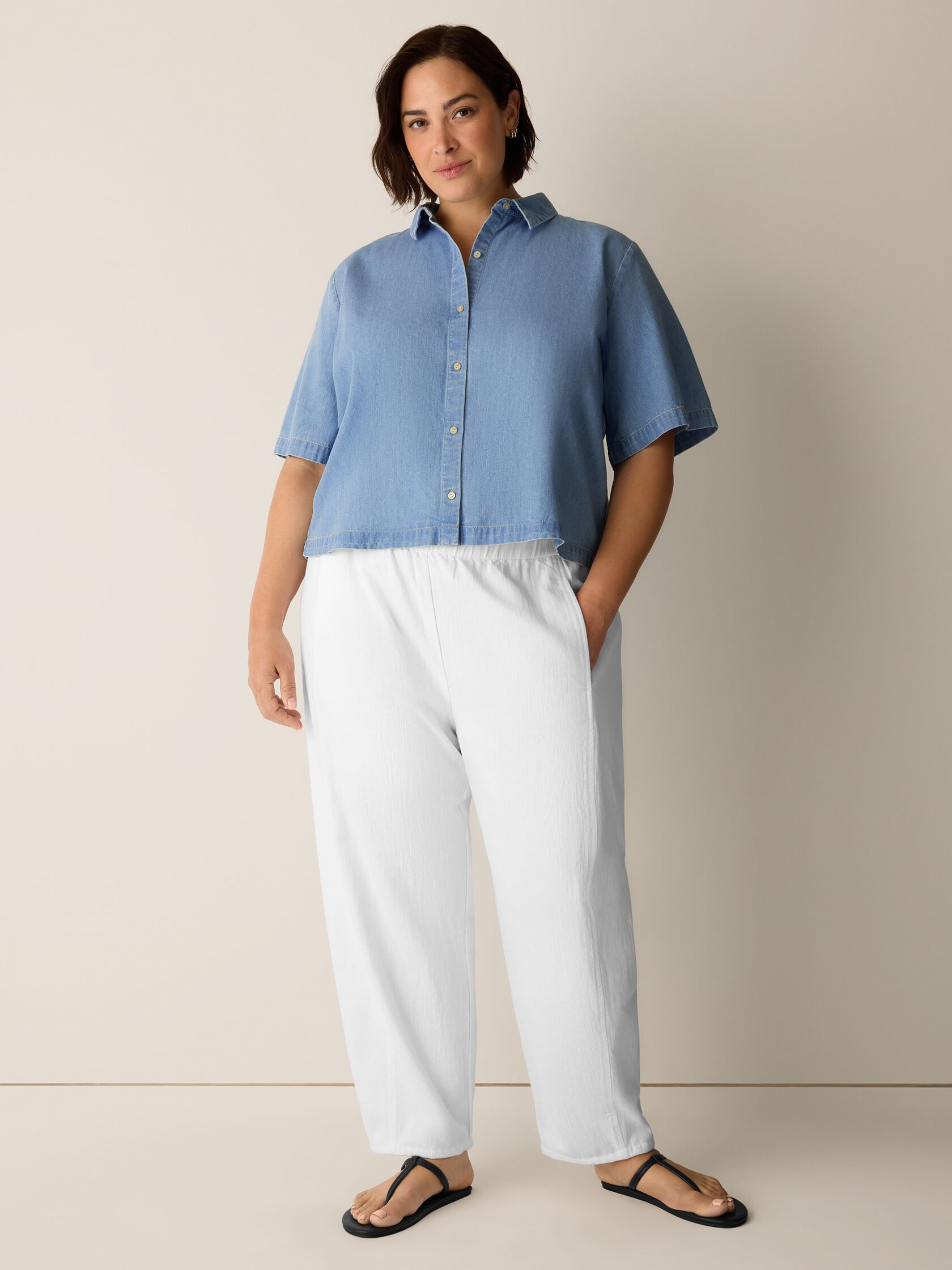 Lightweight Organic Cotton Denim Elbow-Sleeve Shirt