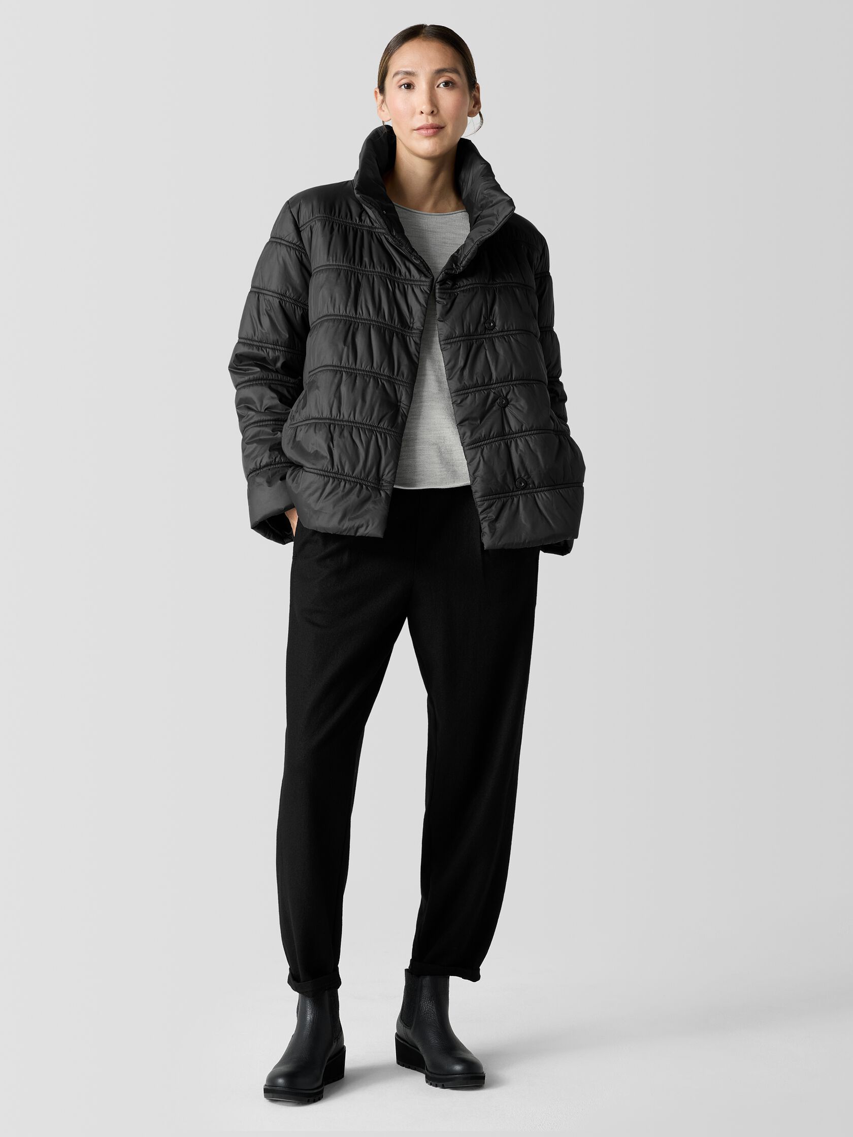 Eggshell Recycled Nylon Stand Collar Short Coat