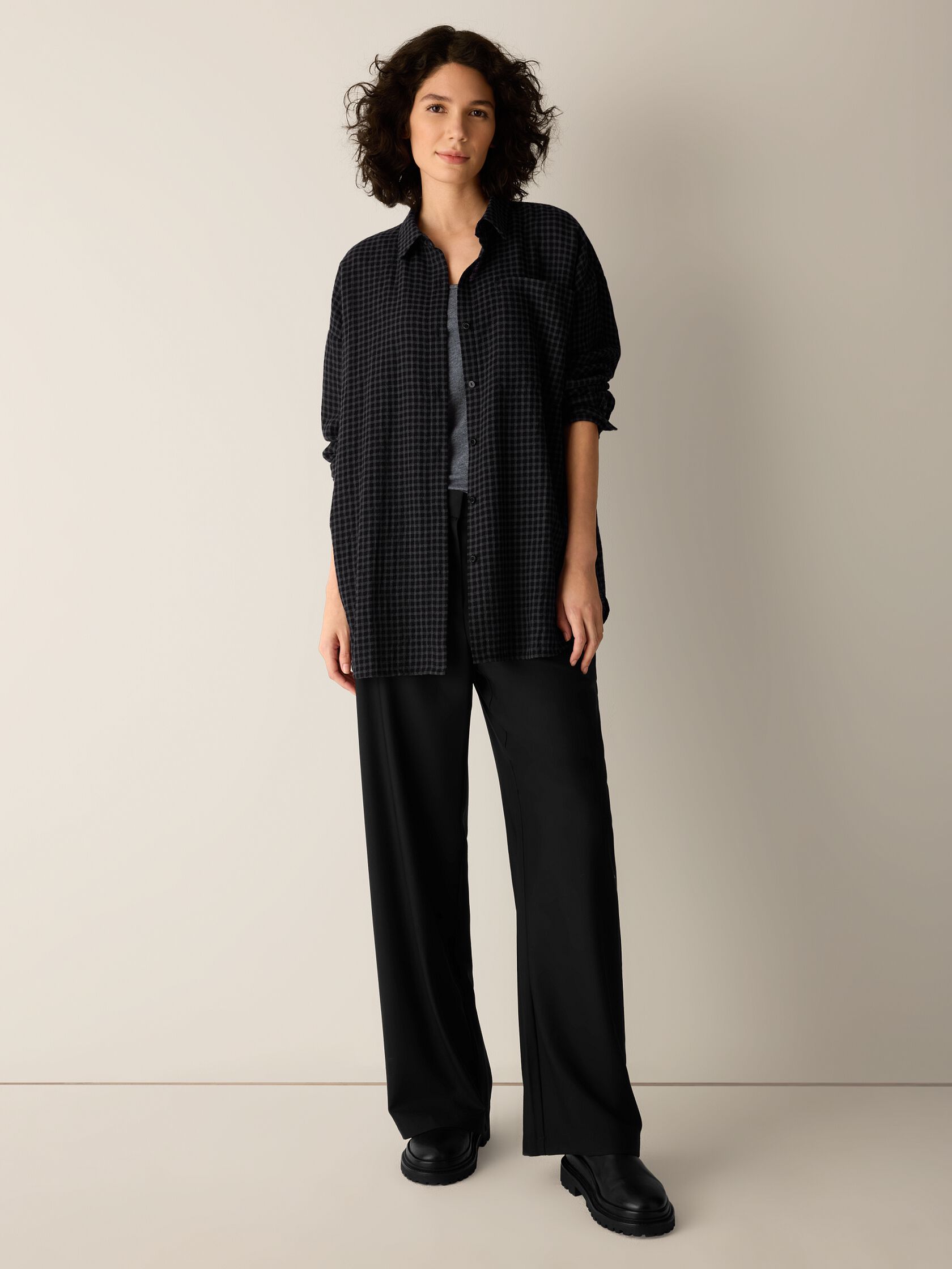 Wool Cotton Check Classic Collar Long Shirt