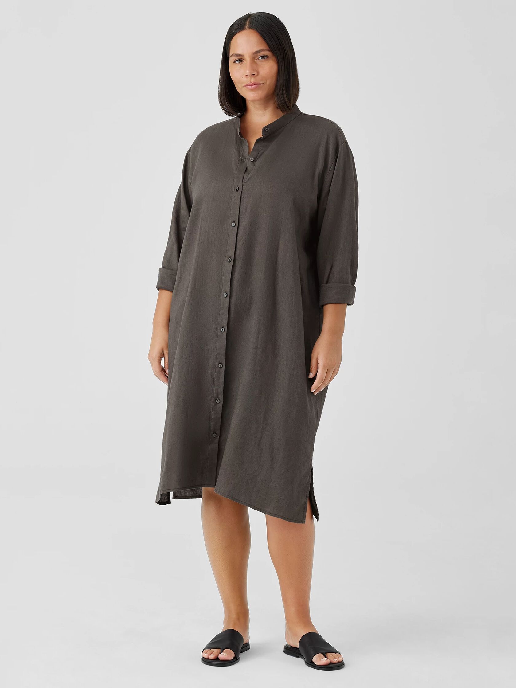 Organic Linen Band Collar Shirtdress