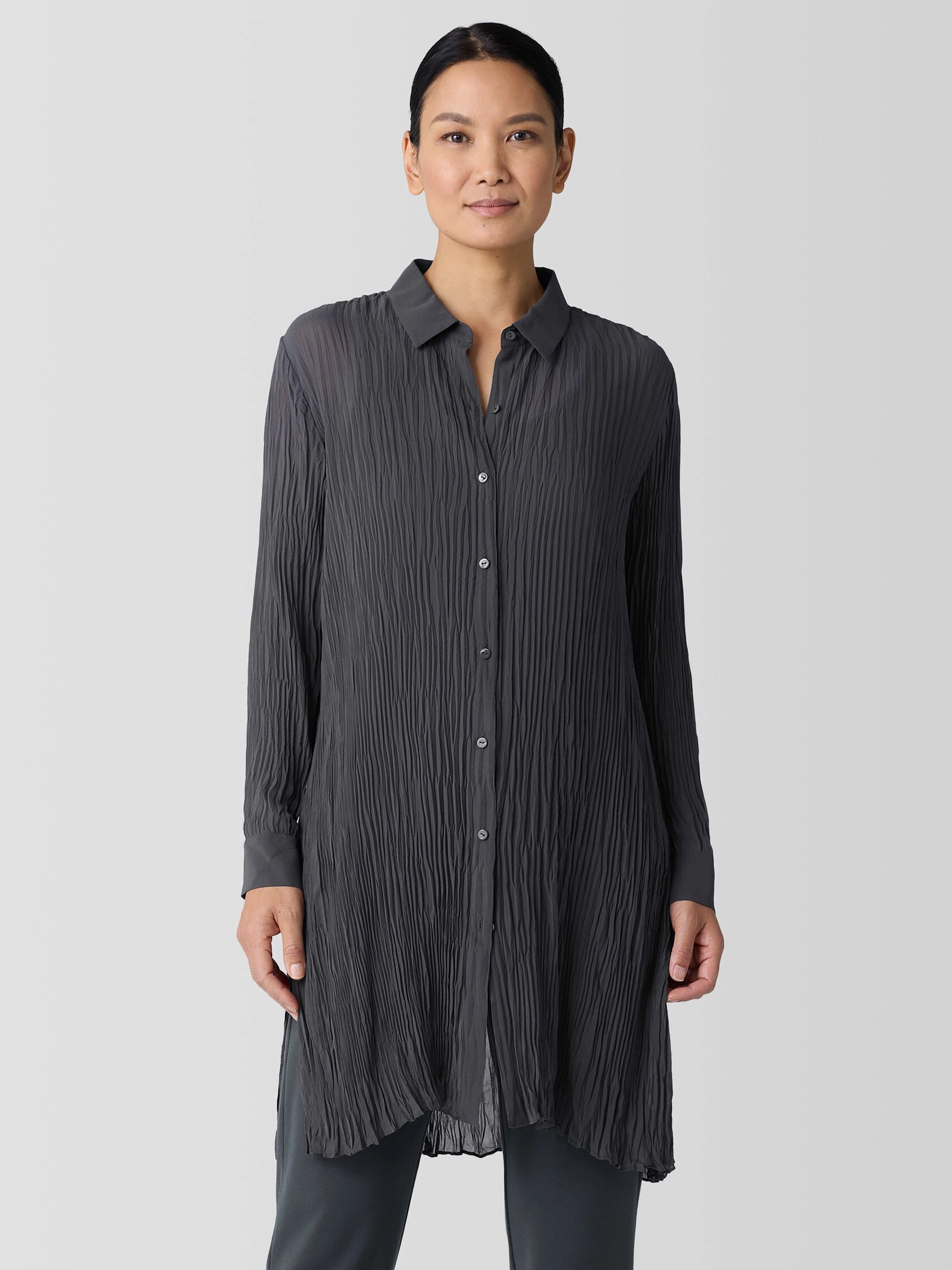 Crinkled Sheer Silk Georgette Long Shirt