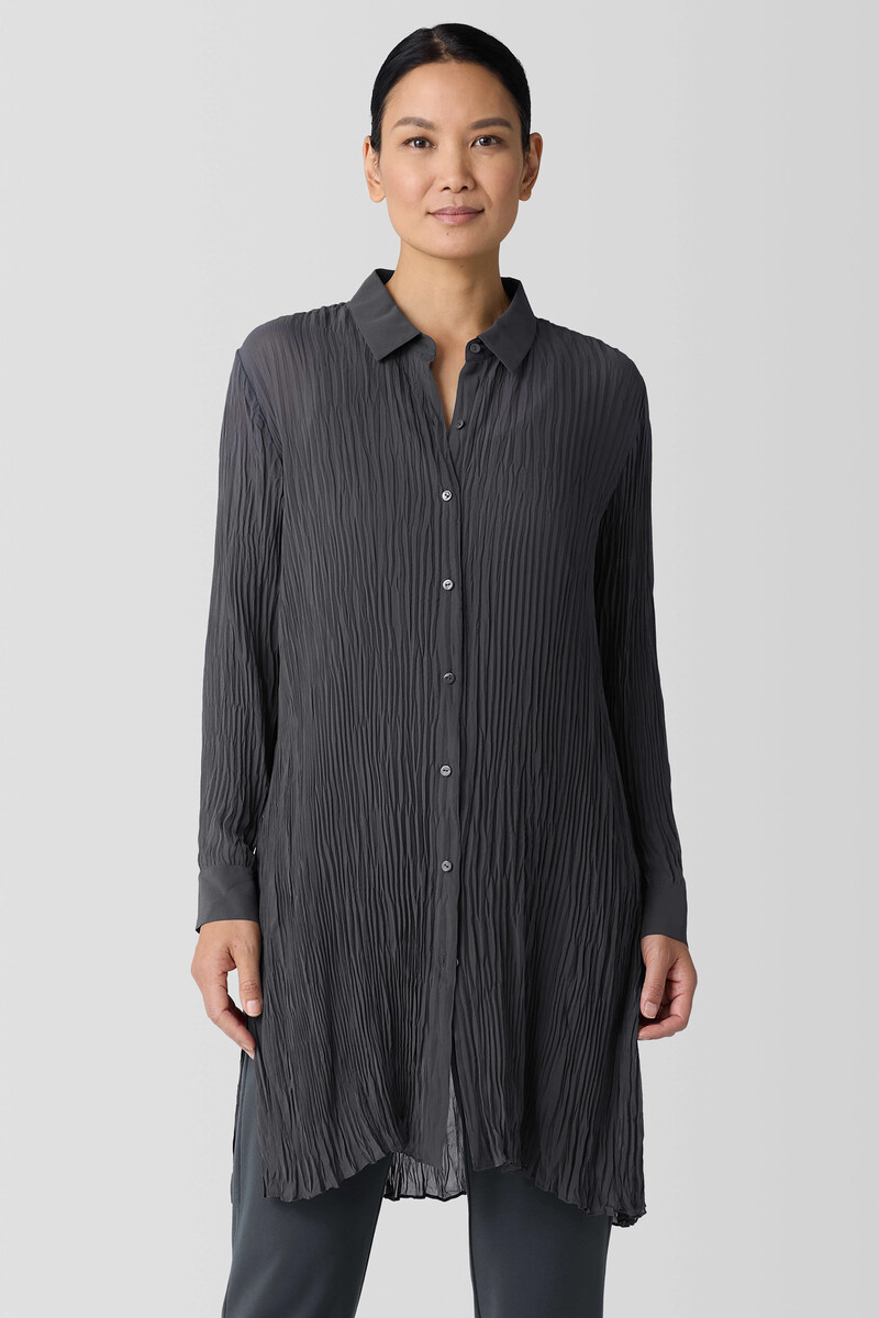 Crinkled Sheer Silk Georgette Long Shirt Crinkled Sheer Silk Georgette Long Shirt