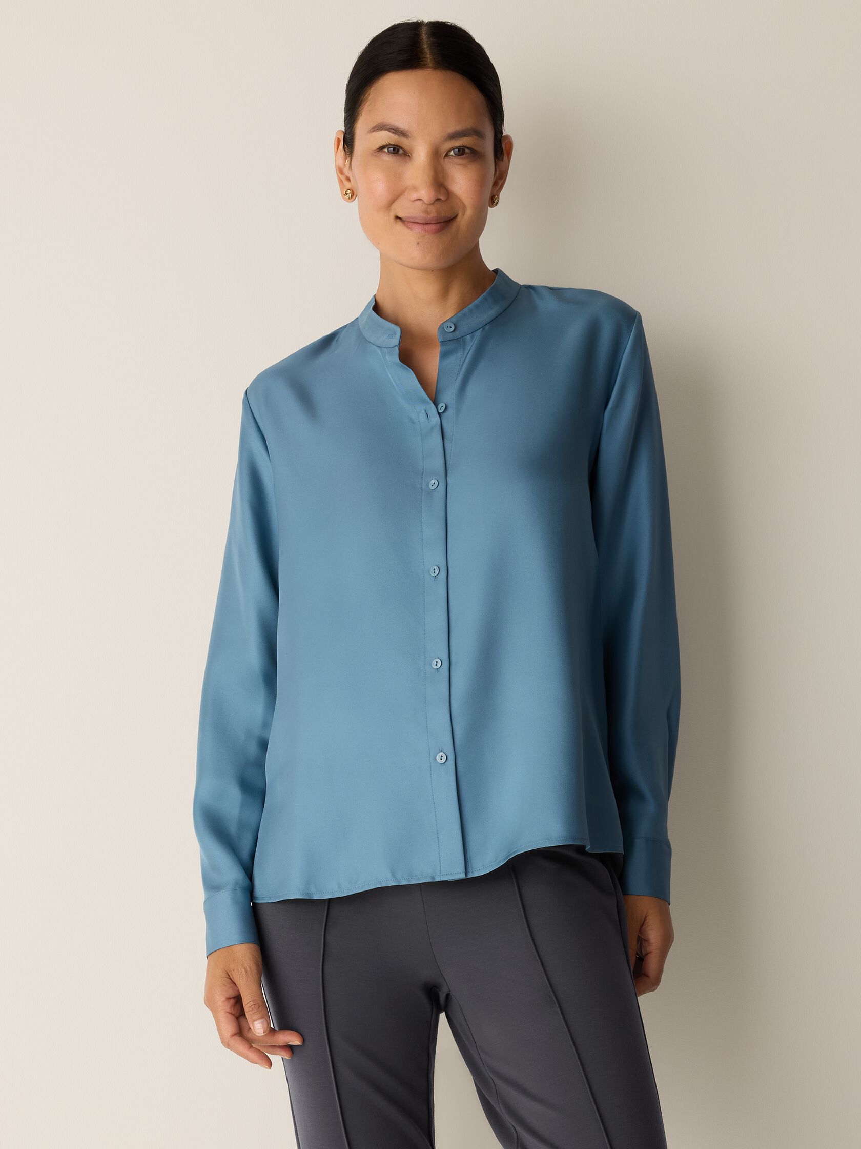 Silk Twill Band Collar Shirt