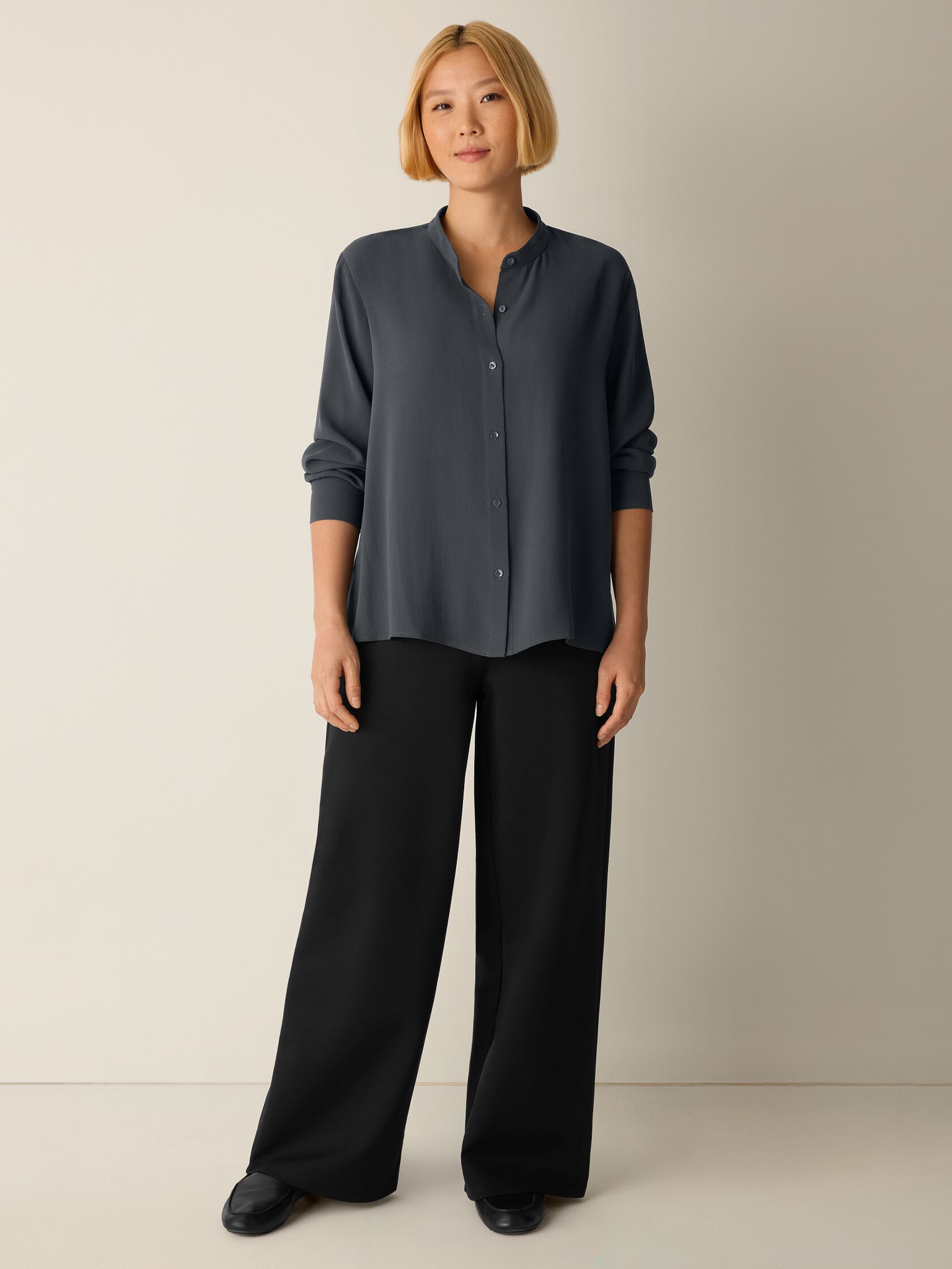 Silk Georgette Crepe Band Collar Top