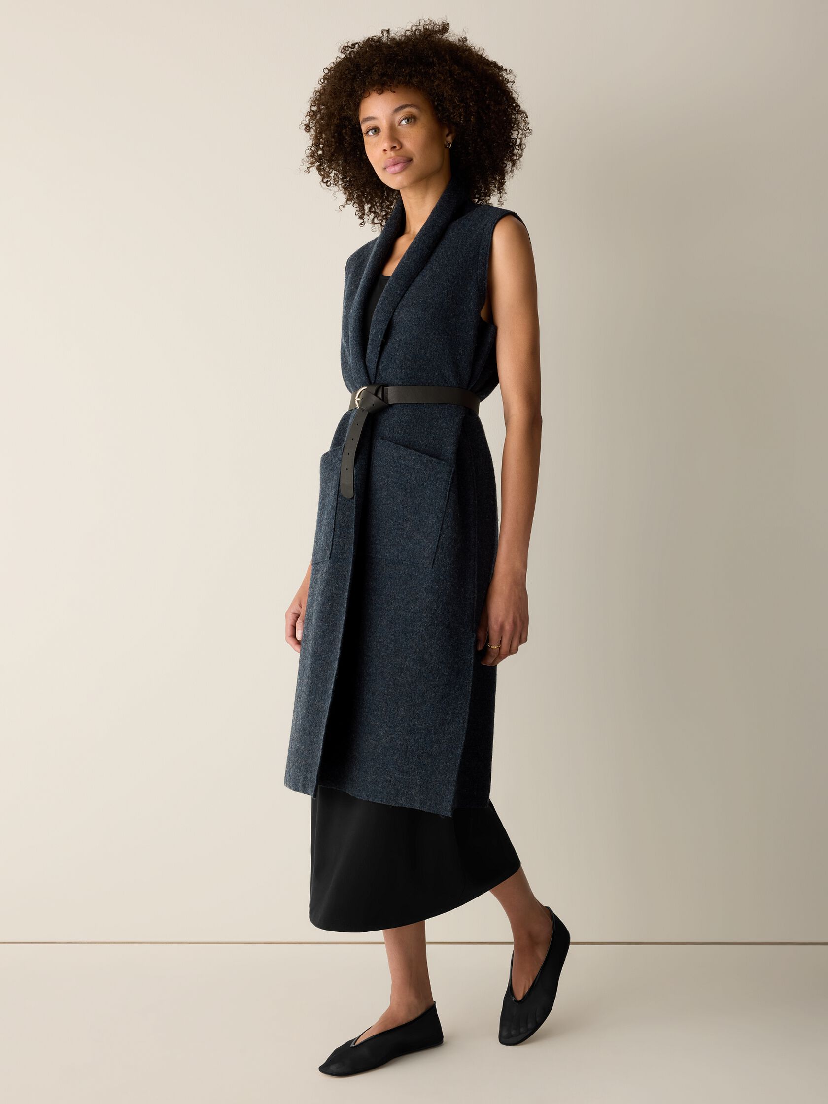 Lightweight Boiled Wool Shawl Collar Vest in Regenerative Wool