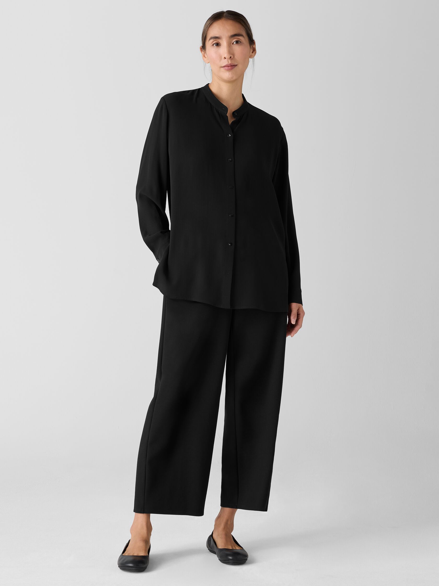 Silk Georgette Crepe Band Collar Shirt